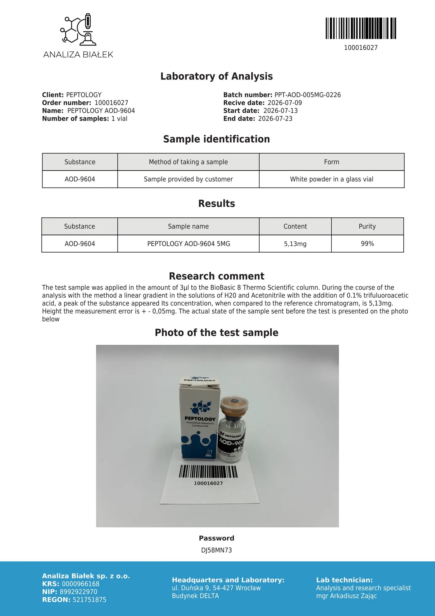 AOD-9604 5 mg – certifikát čistoty HPLC, šarža 0226