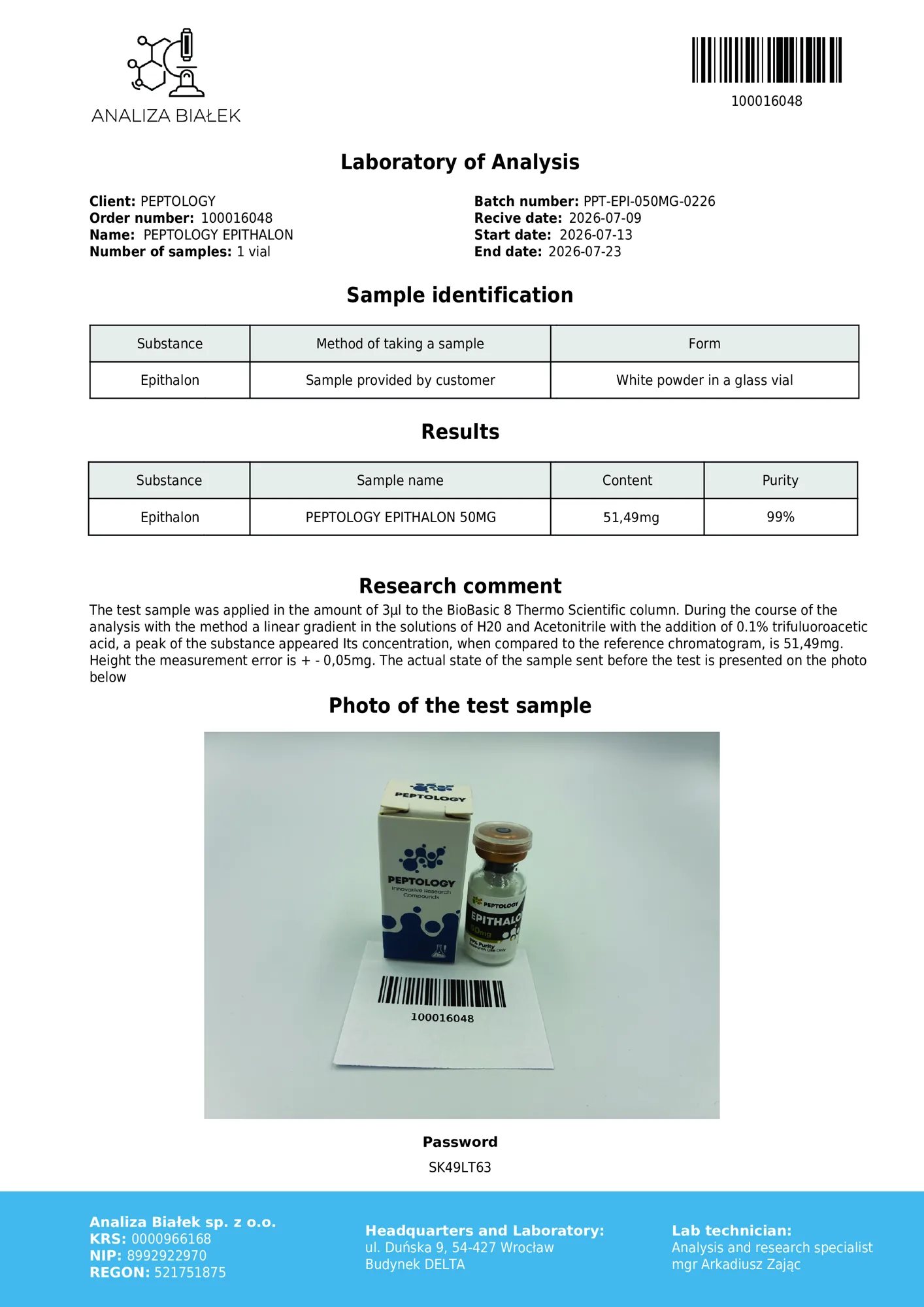 Epithalon 50 mg – certifikát čistoty HPLC, šarža 0226