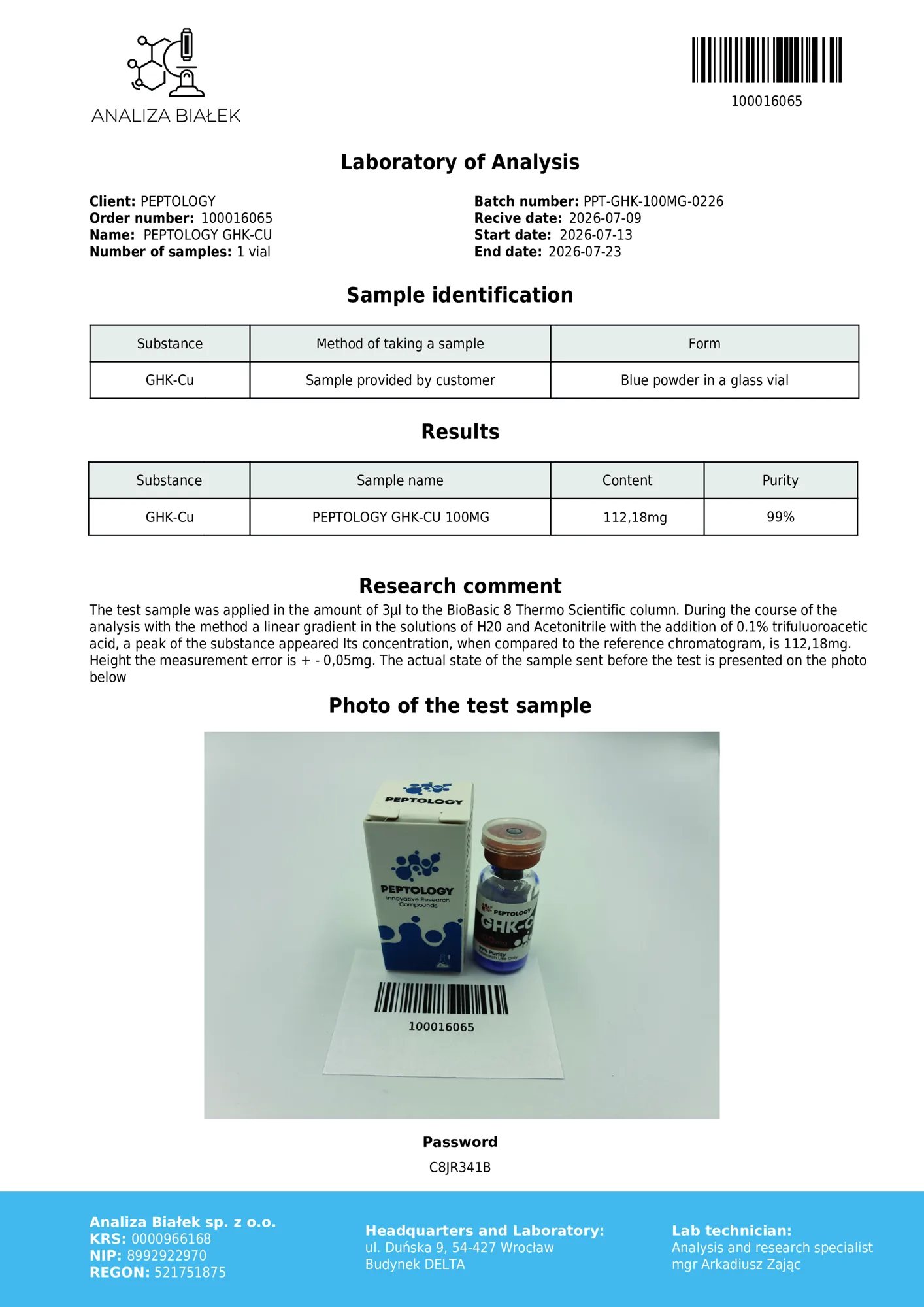GHK-Cu 100 mg – certifikát čistoty HPLC, šarža 0226