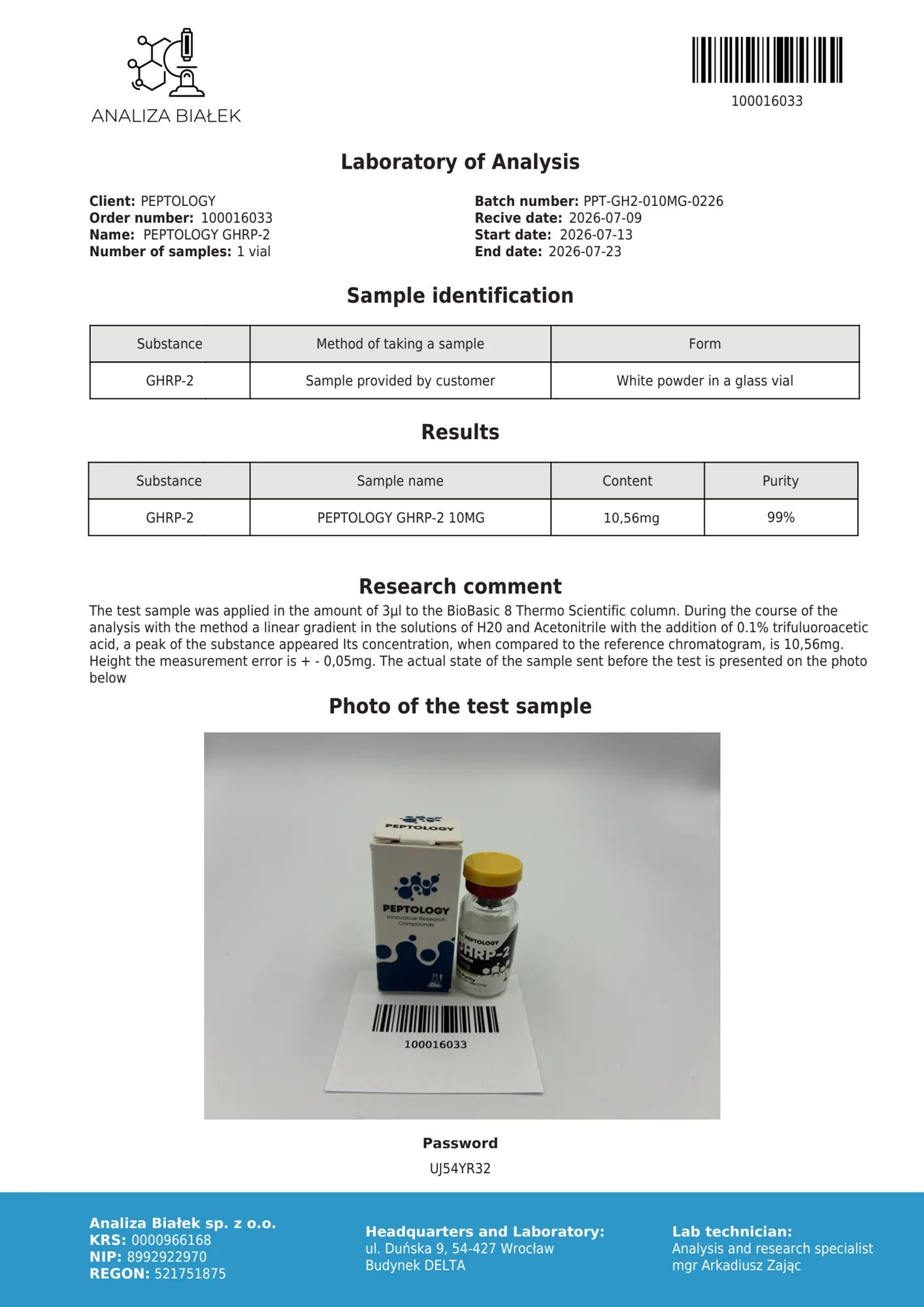 GHRP-2 10 mg – certifikát čistoty HPLC, šarža 0226