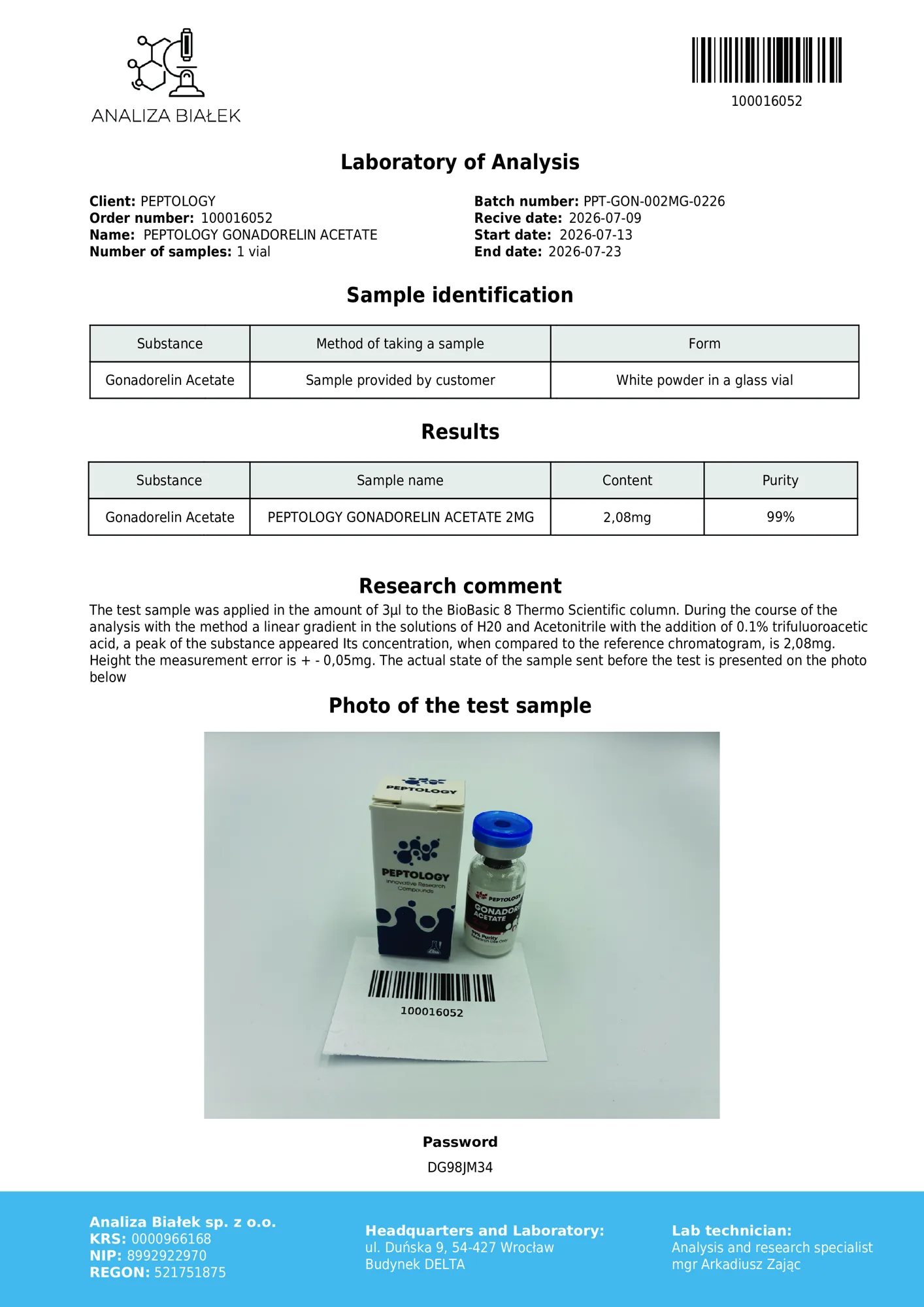 Gonadorelin 2 mg – certifikát čistoty HPLC, šarža 0226
