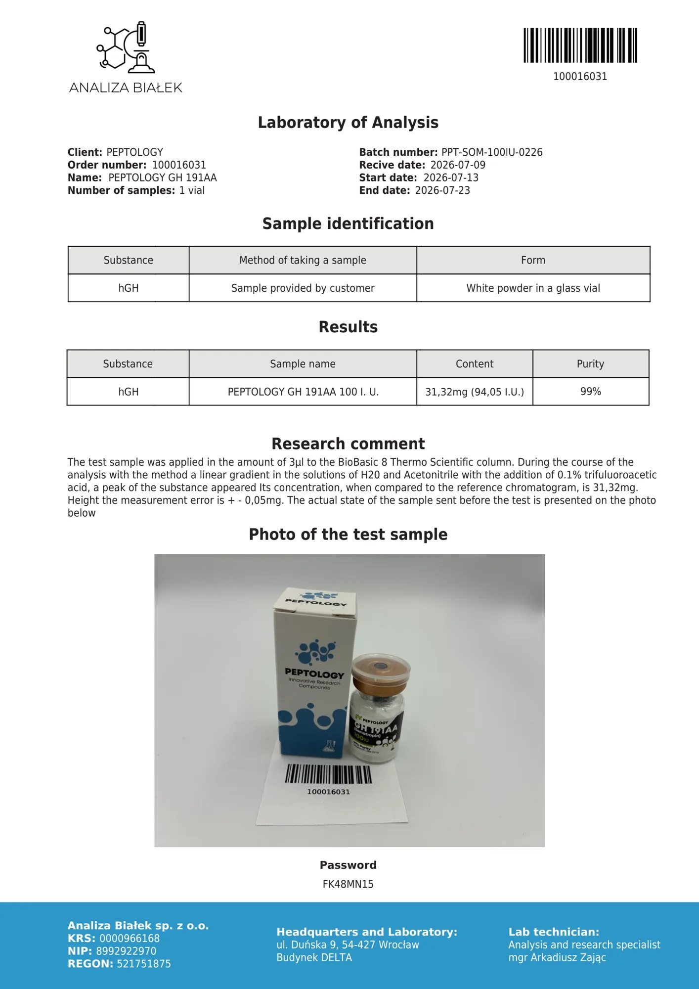 Somatropin 100 IU – certifikát čistoty HPLC, šarža 0226