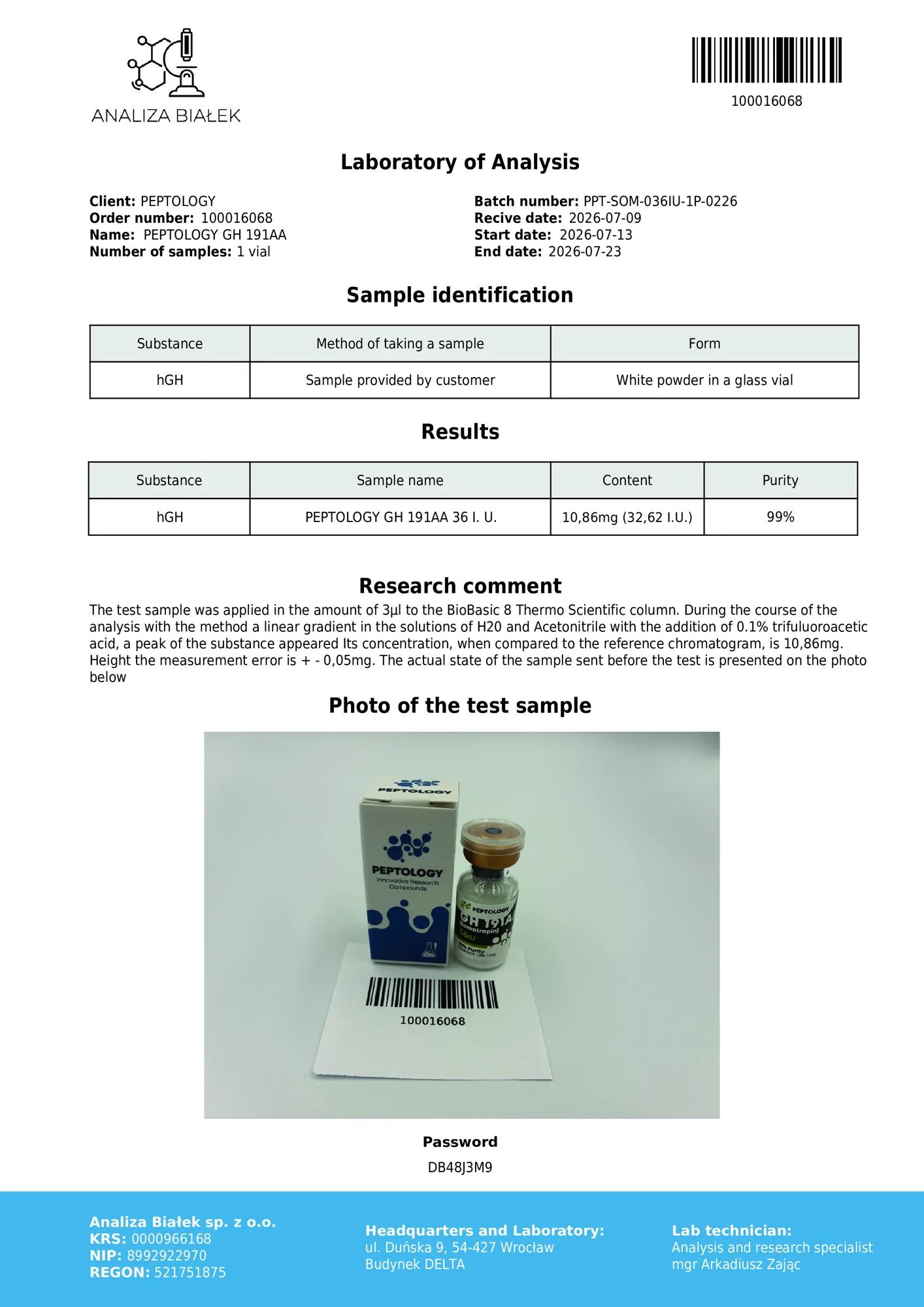 Somatropin 36 IU – certifikát čistoty HPLC, šarža 0226