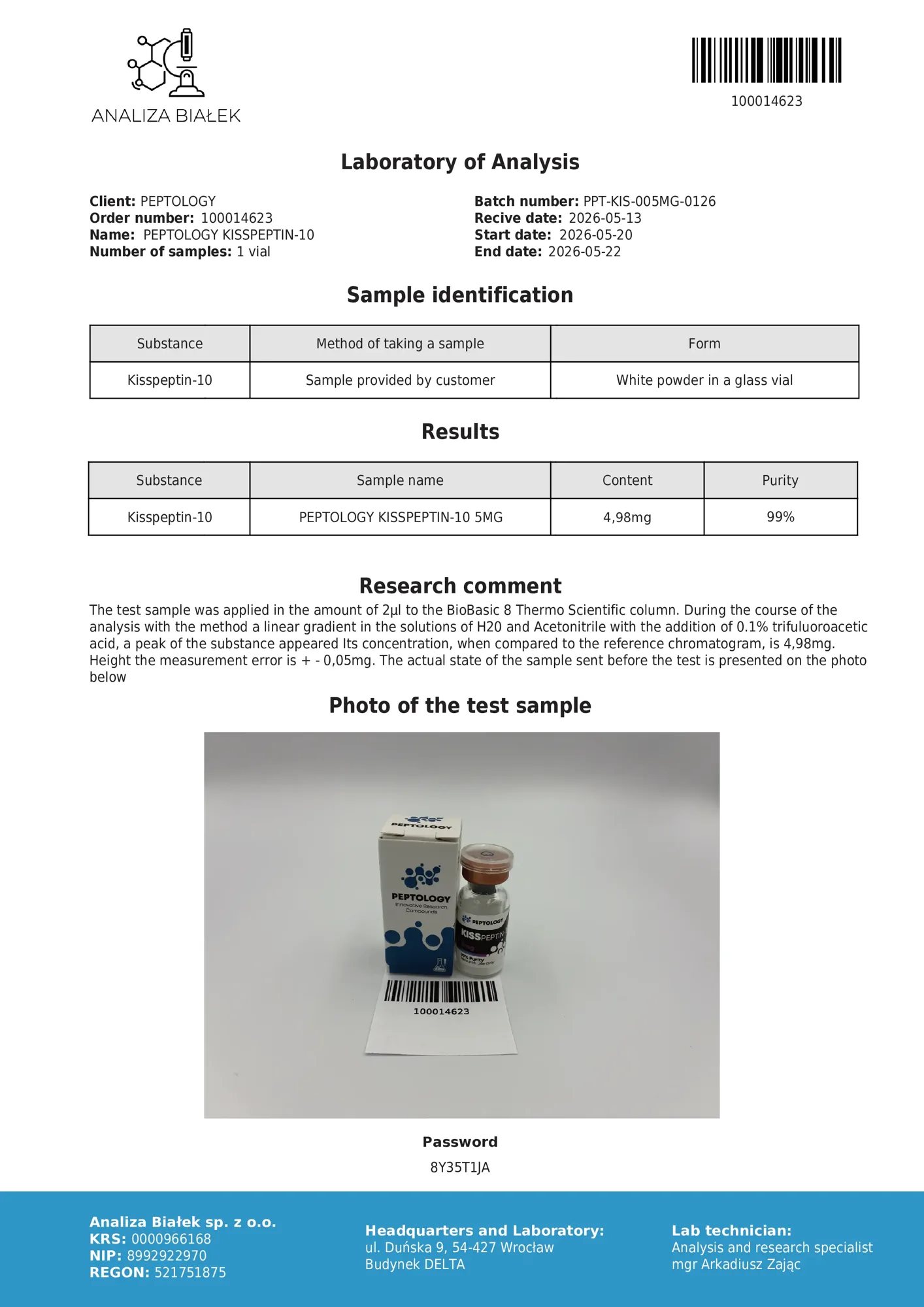 Kisspeptin-10 5 mg – certifikát čistoty HPLC, šarža 0126