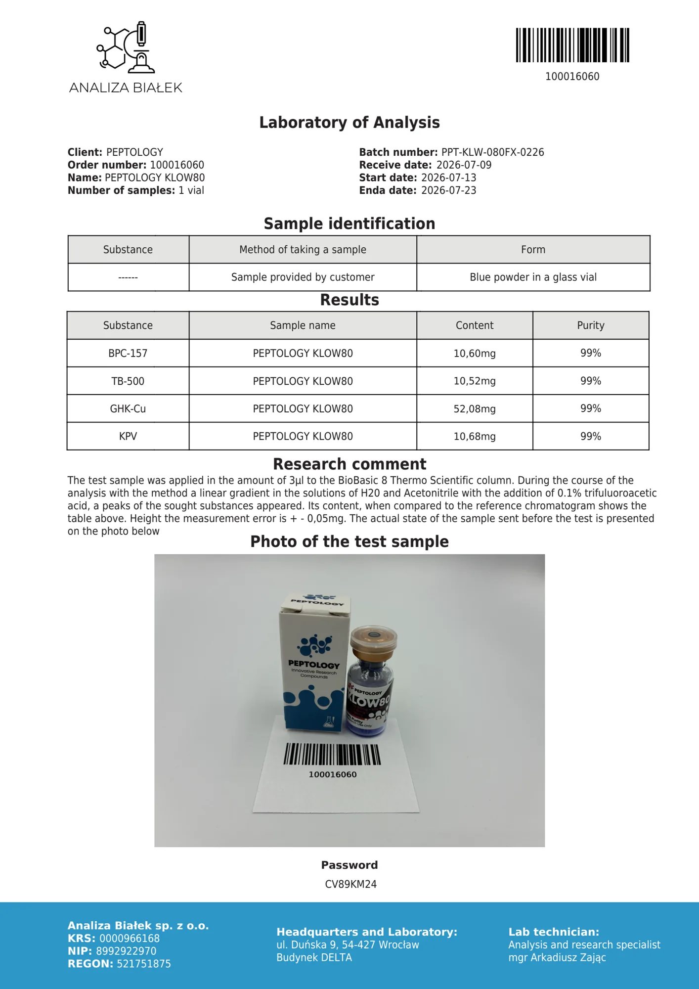 KLOW80 80 mg – certifikát čistoty HPLC, šarža 0226