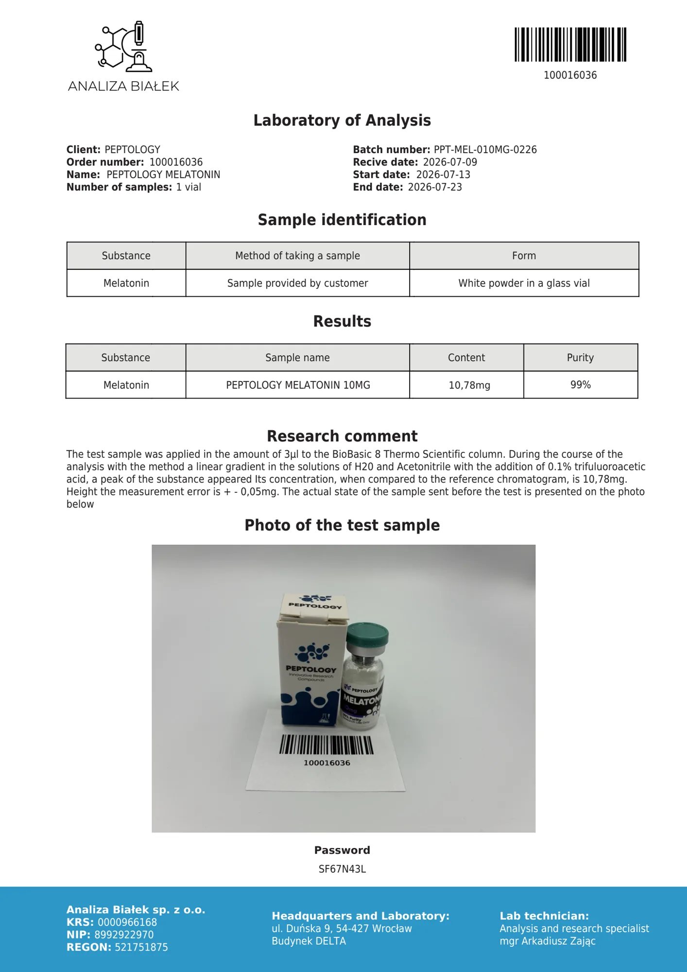 Melatonin 10 mg – certifikát čistoty HPLC, šarža 0226