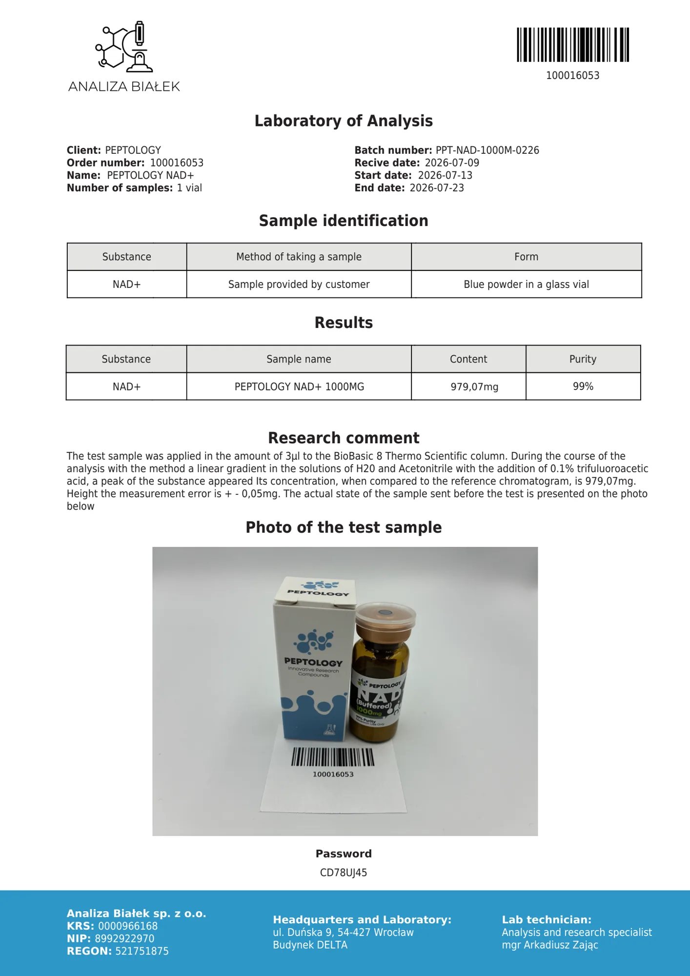 NAD+ 1000 mg – certifikát čistoty HPLC, šarža 0226