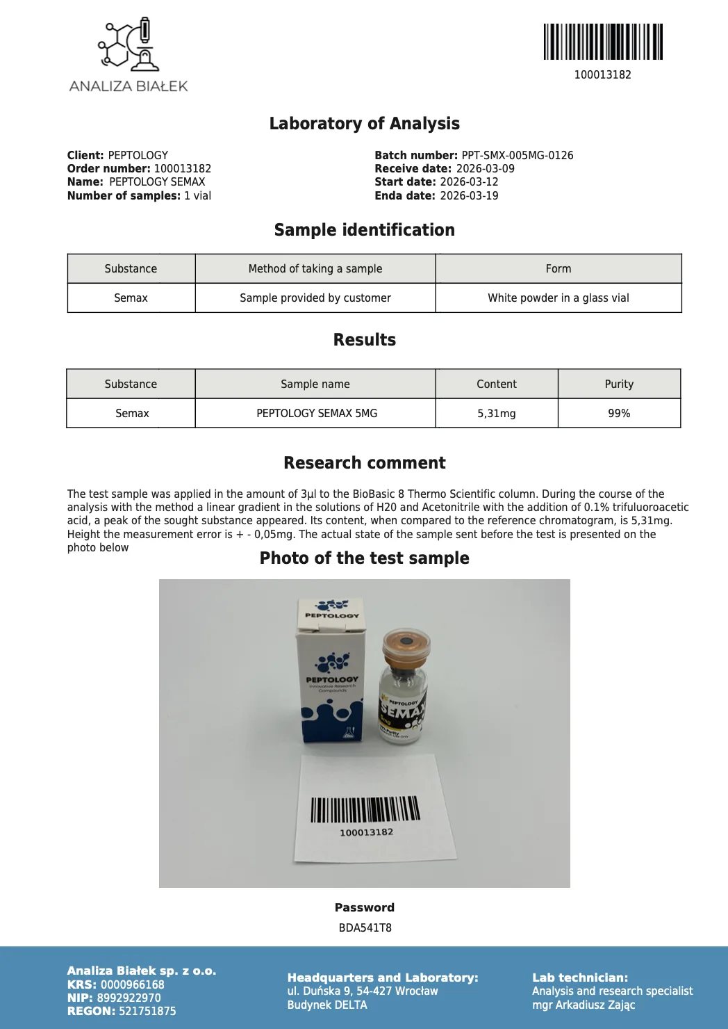 Semax 5 mg – certifikát čistoty HPLC, šarža 0126