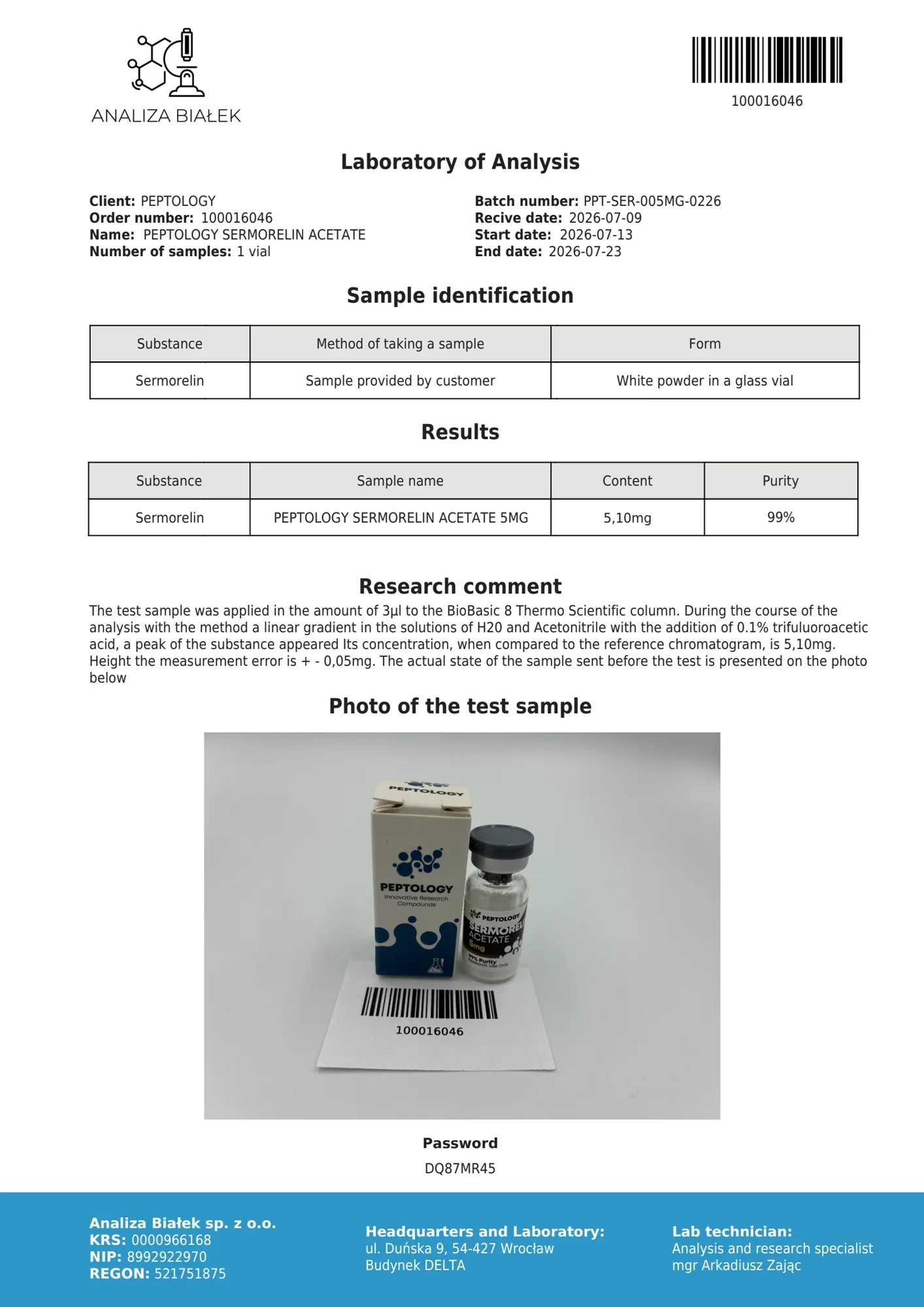 Sermorelin 5 mg – certifikát čistoty HPLC, šarža 0226