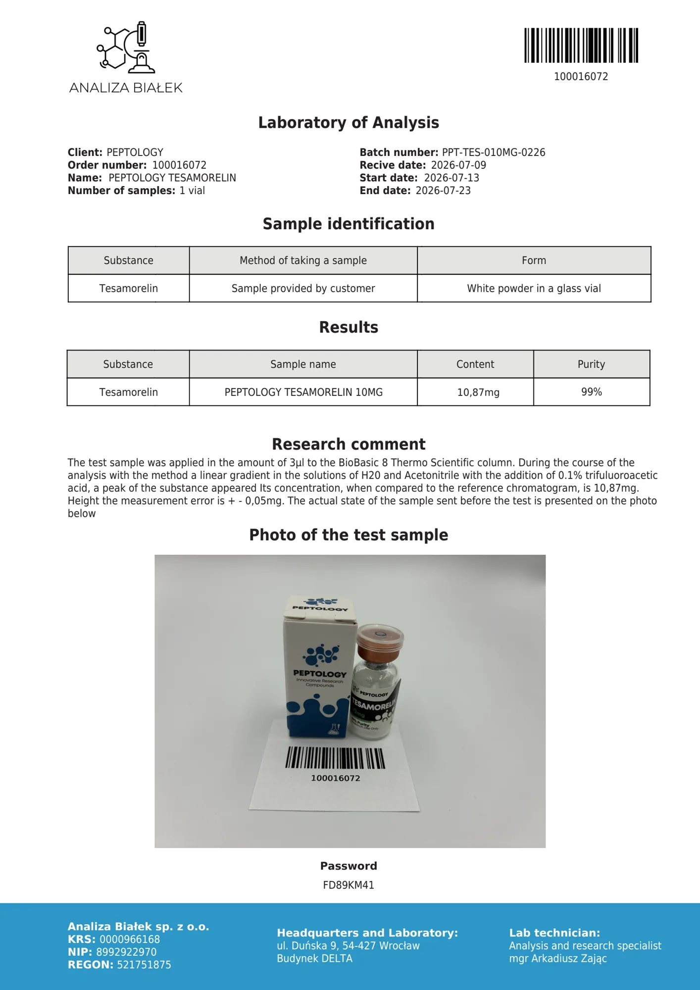 Tesamorelin 10 mg – certifikát čistoty HPLC, šarža 0226