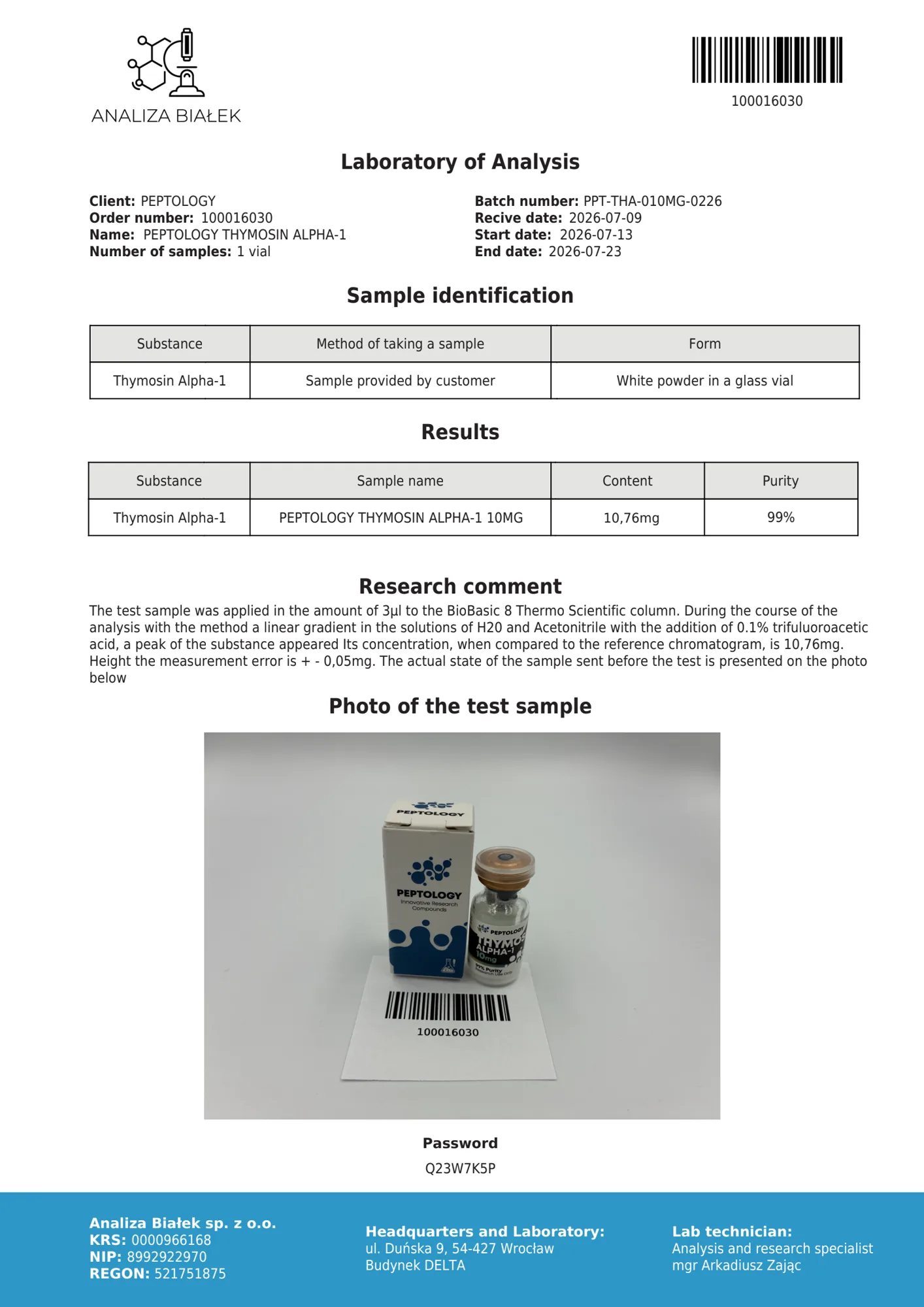 Thymosin Alpha-1 10 mg – certifikát čistoty HPLC, šarža 0226