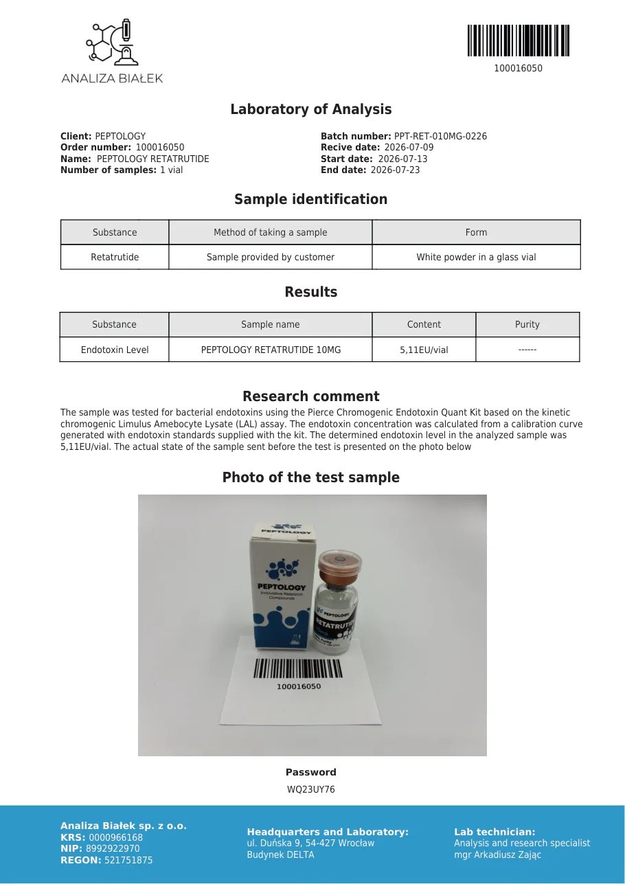 Retatrutide 10 mg – test endotoxínov, šarža 0226