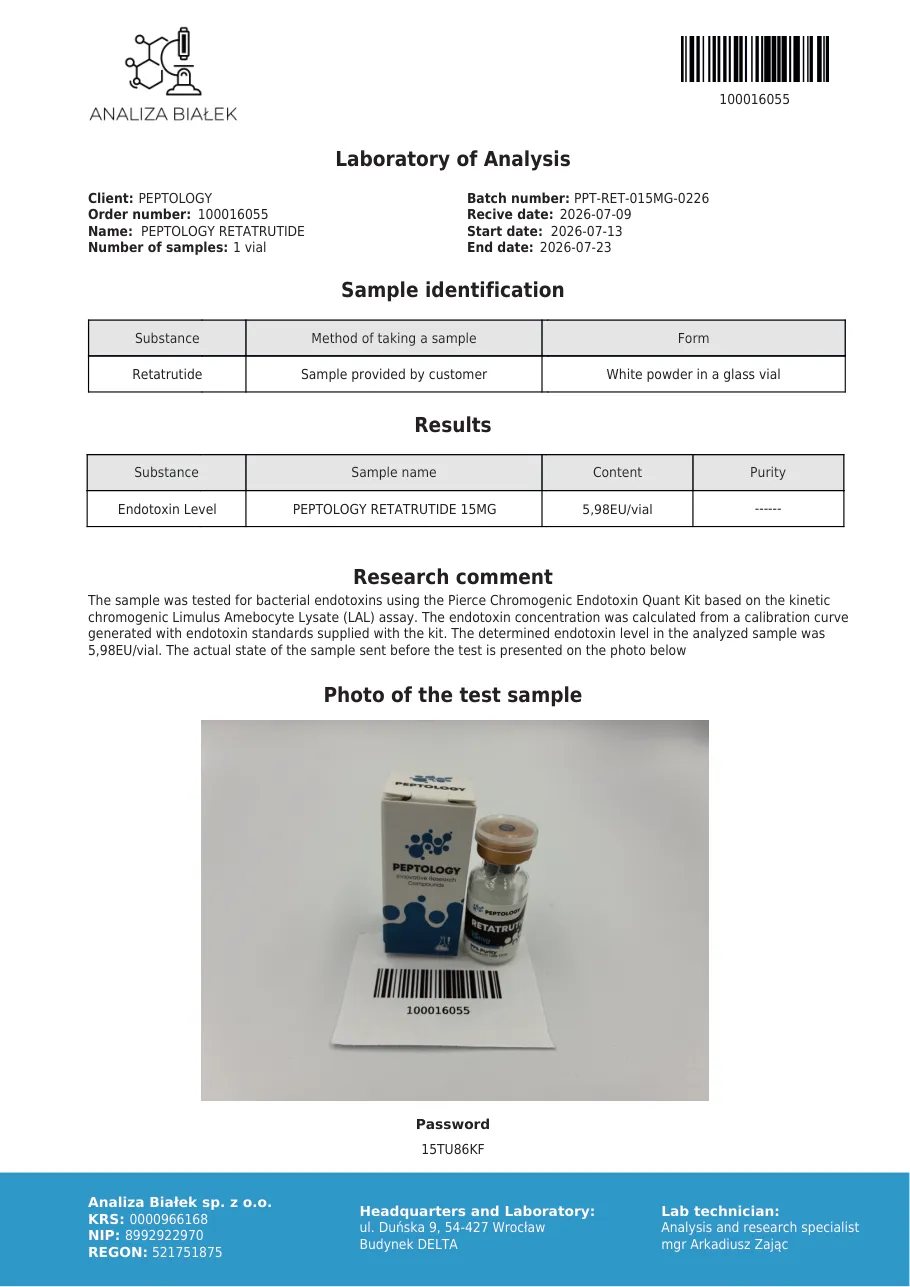 Retatrutide 15 mg – test endotoxínov, šarža 0226