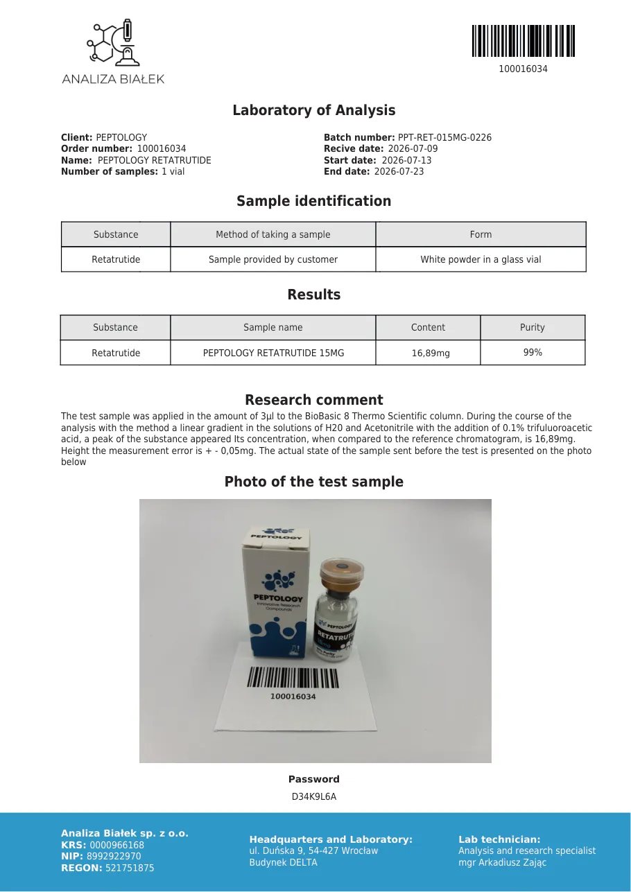 Retatrutide 15 mg – certifikát čistoty HPLC, šarža 0226