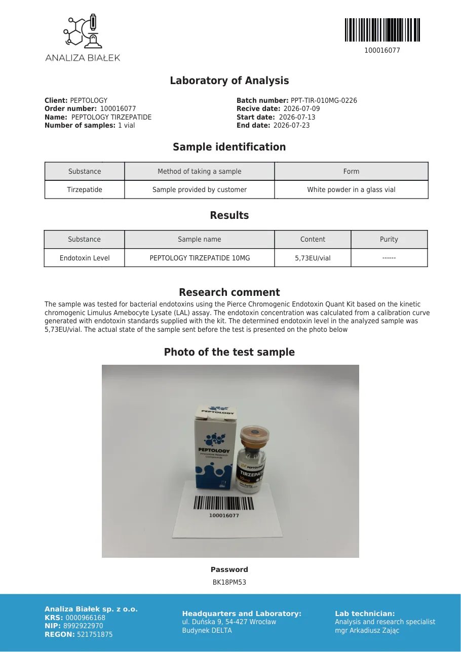 Tirzepatide 10 mg – test endotoxínov, šarža 0226