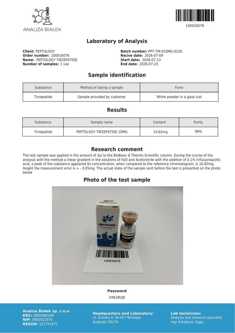 Tirzepatide 10 mg – certifikát čistoty HPLC, šarža 0226