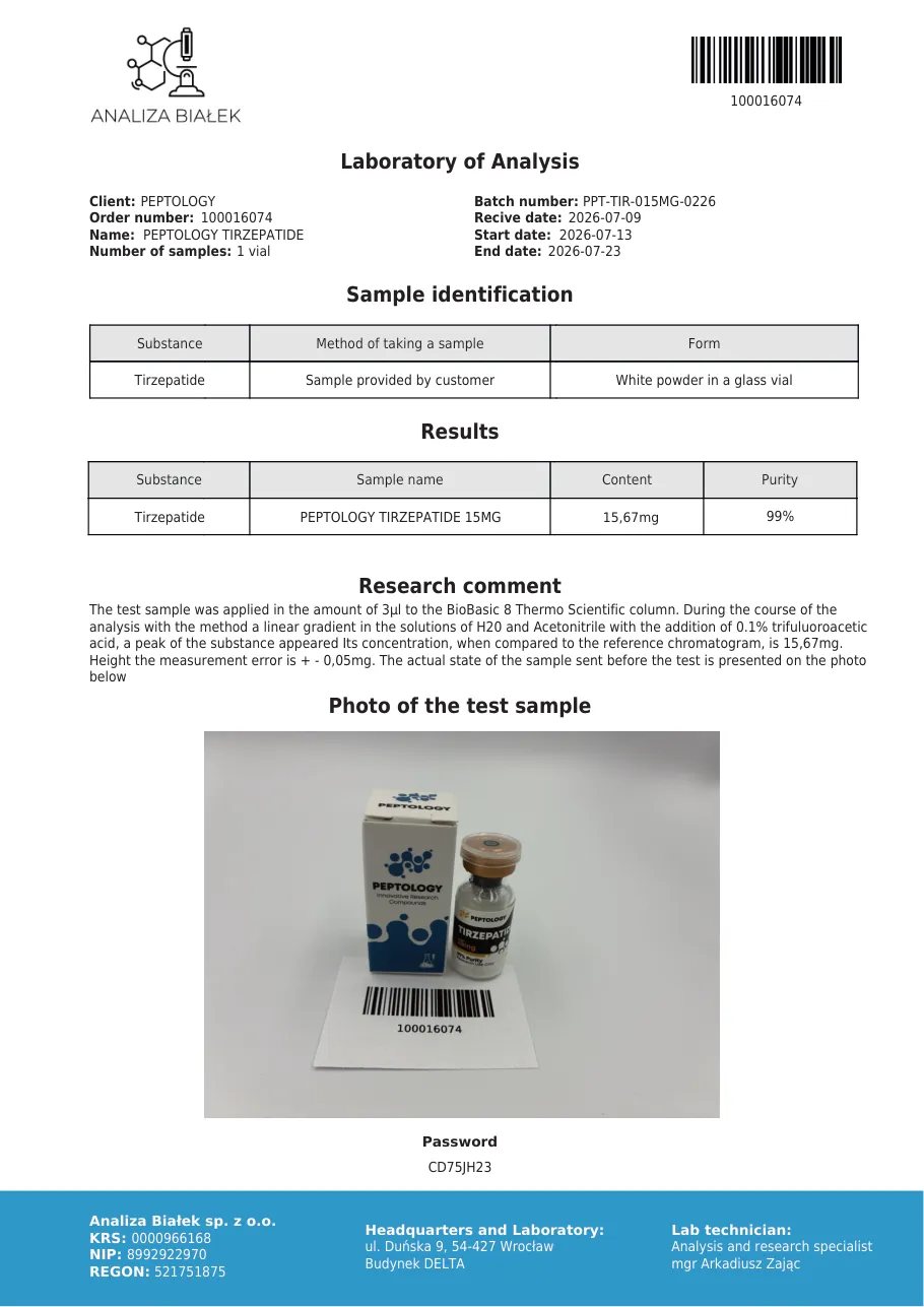 Tirzepatide 15 mg – certifikát čistoty HPLC, šarža 0226