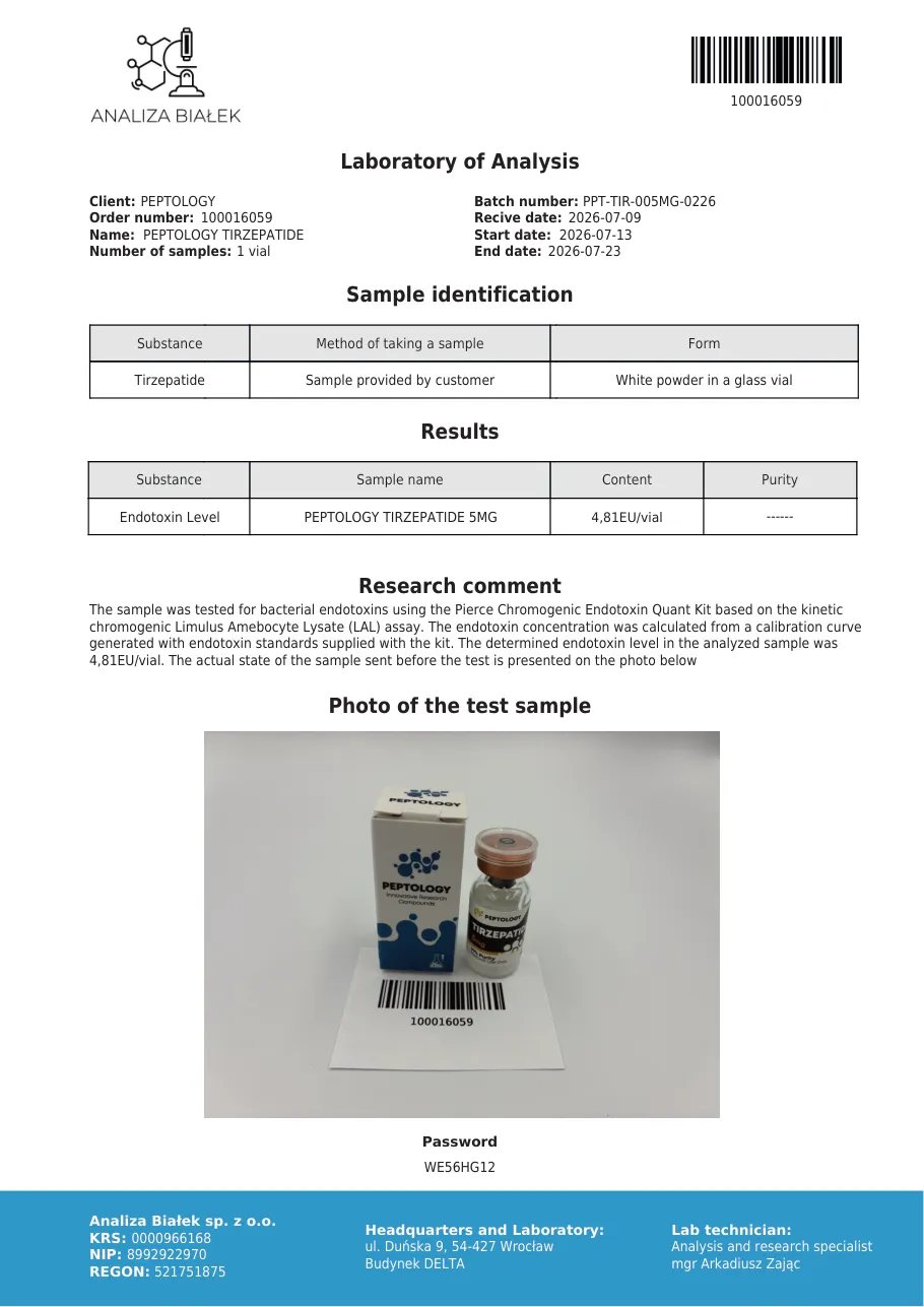 Tirzepatide 5 mg – test endotoxínov, šarža 0226