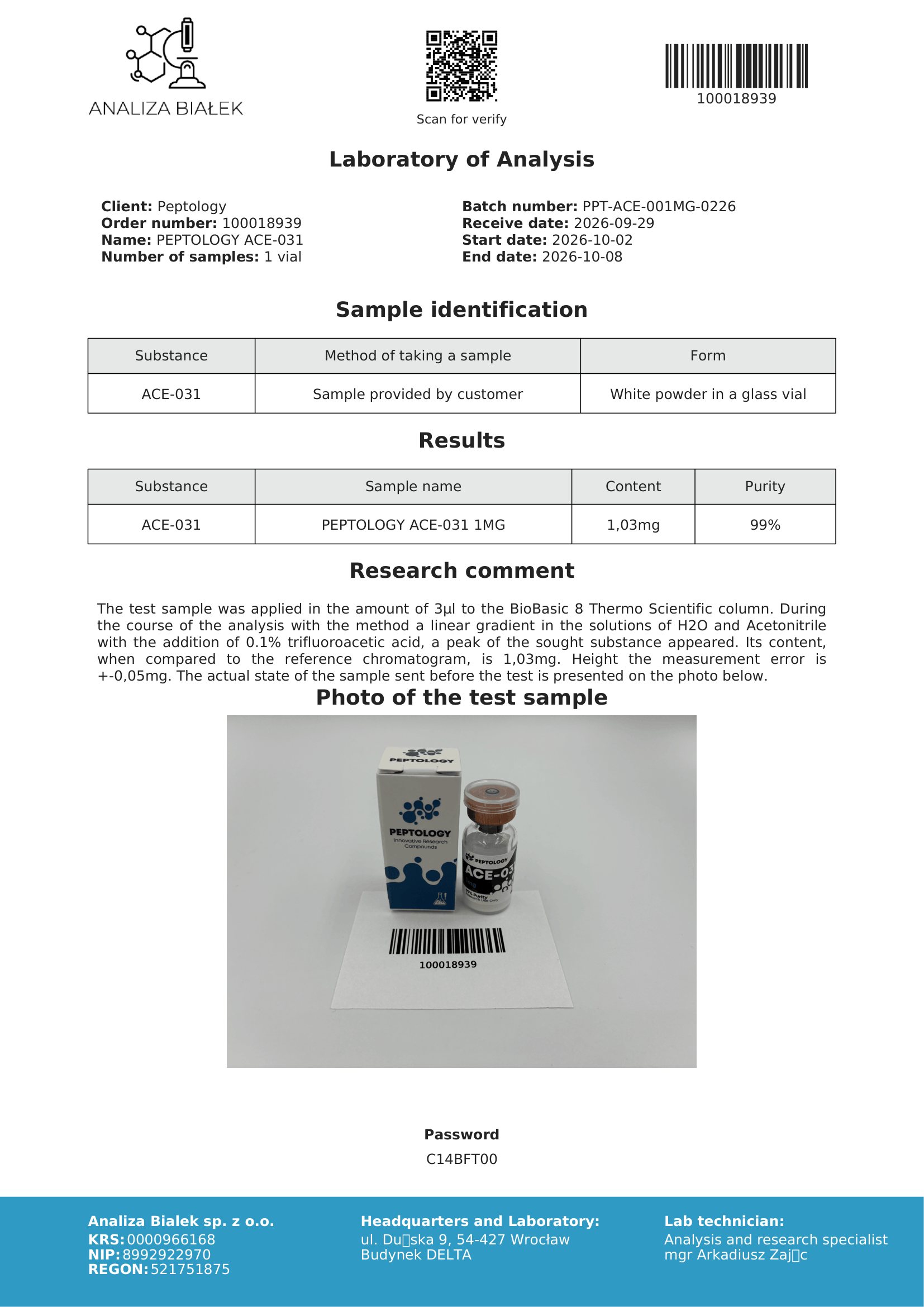 ACE-031 – certifikát čistoty HPLC, šarža 0226