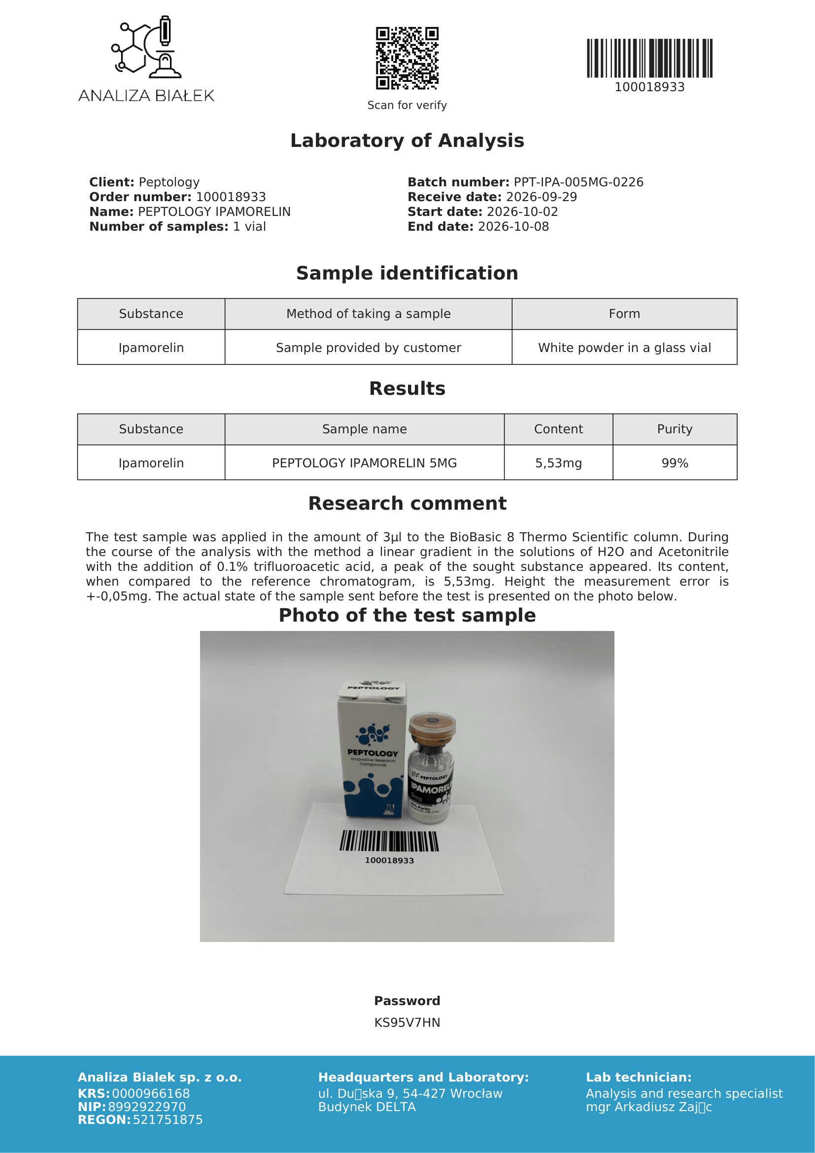 Ipamorelin 5 mg – certifikát čistoty HPLC, šarža 0226