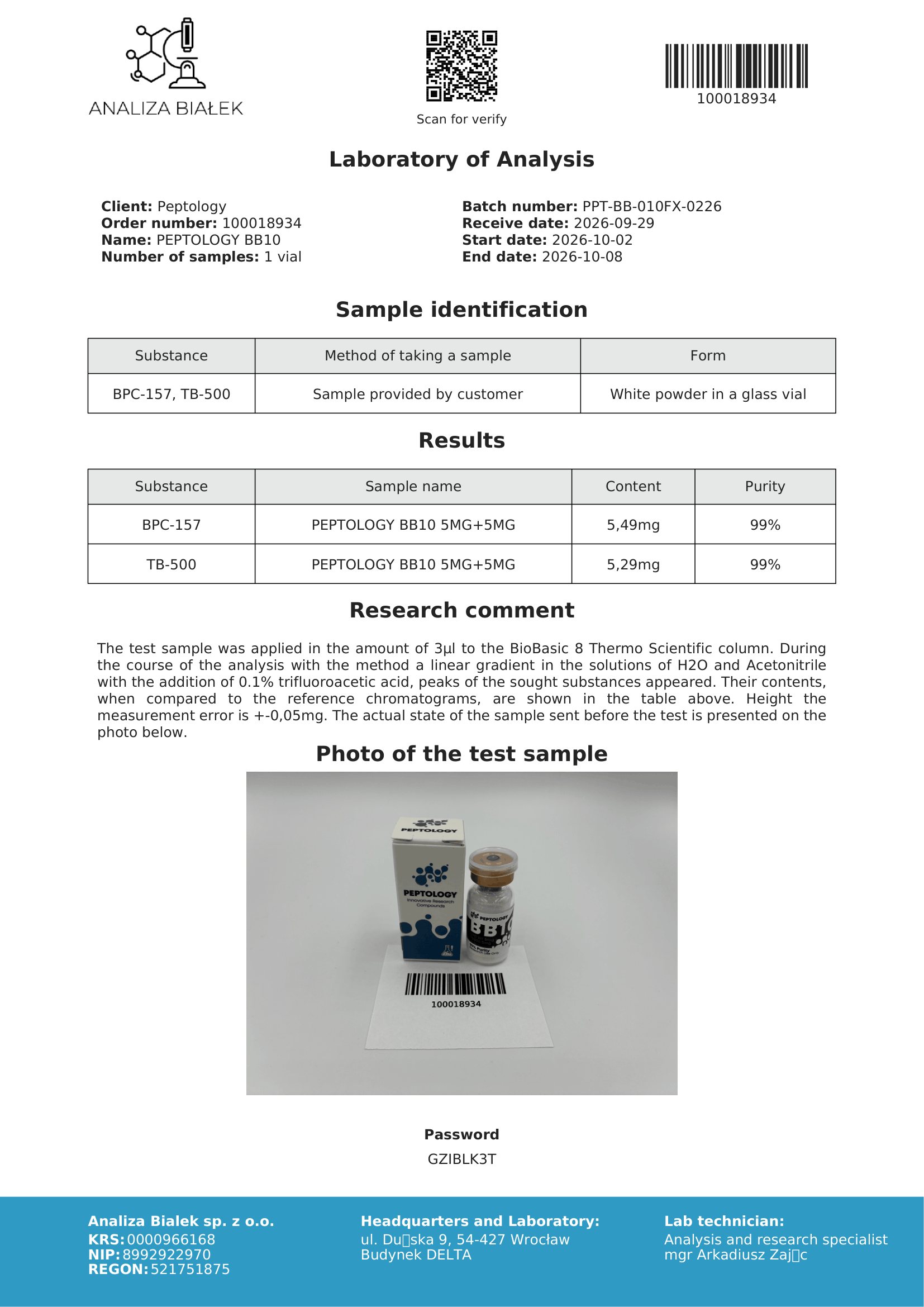 BB10 – certifikát čistoty HPLC, šarža 0226