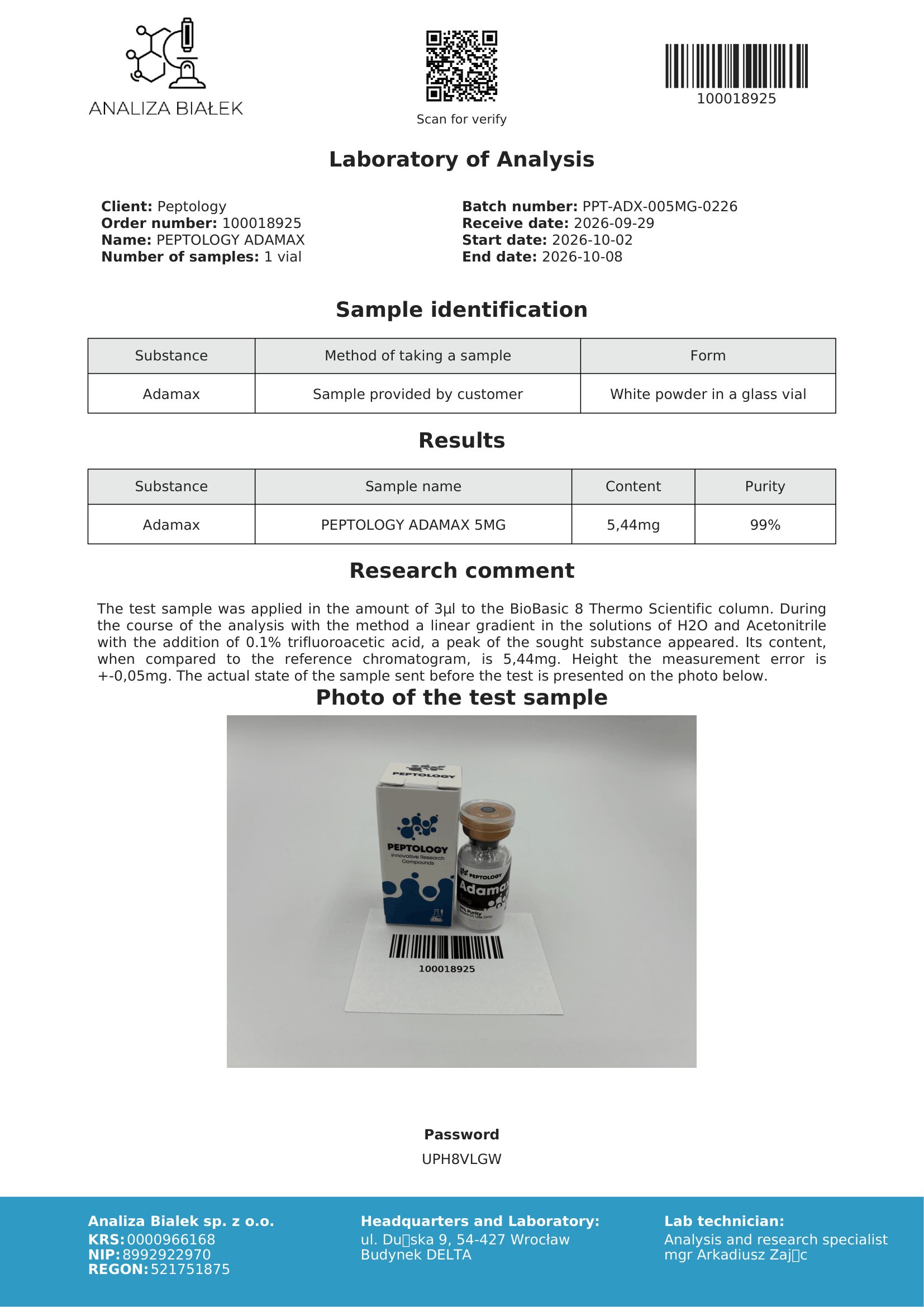 Adamax – certifikát čistoty HPLC, šarža 0226