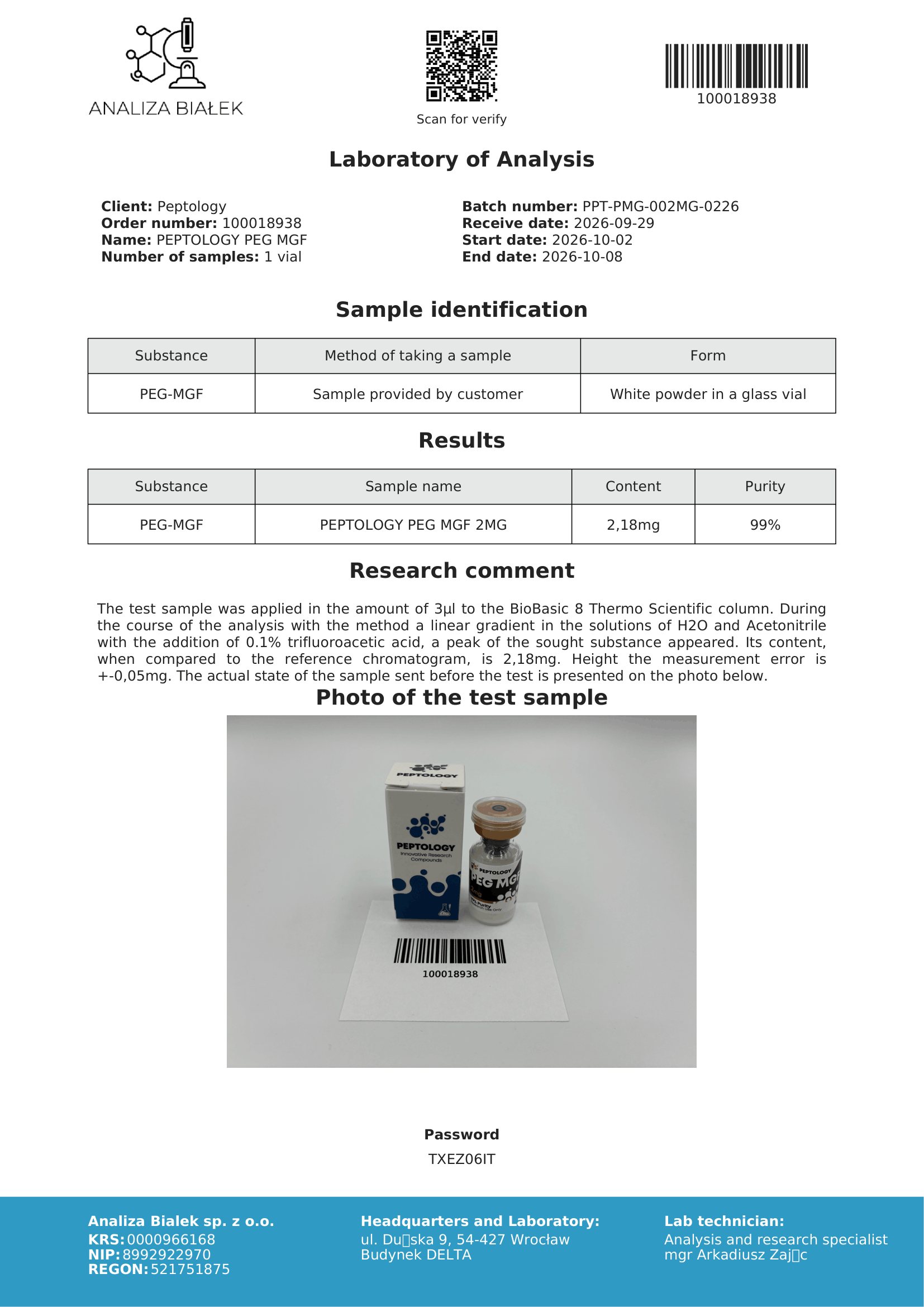 PEG-MGF 2 mg – certifikát čistoty HPLC, šarža 0226