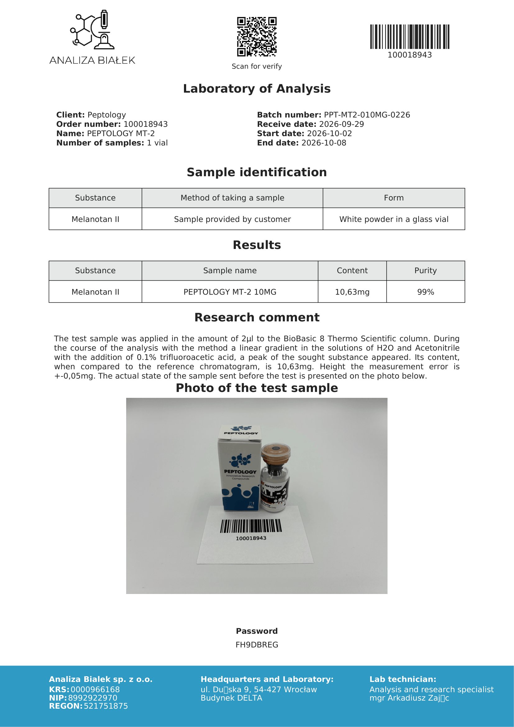 MT-2 – certifikát čistoty HPLC, šarža 0226