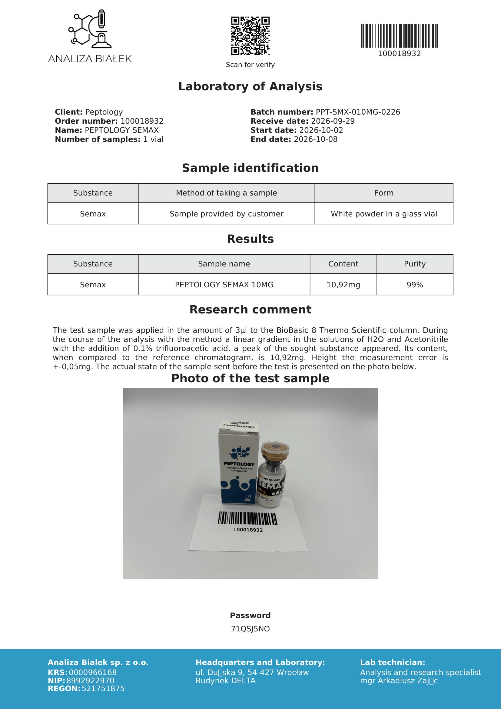 Semax 10 mg – certifikát čistoty HPLC, šarža 0226