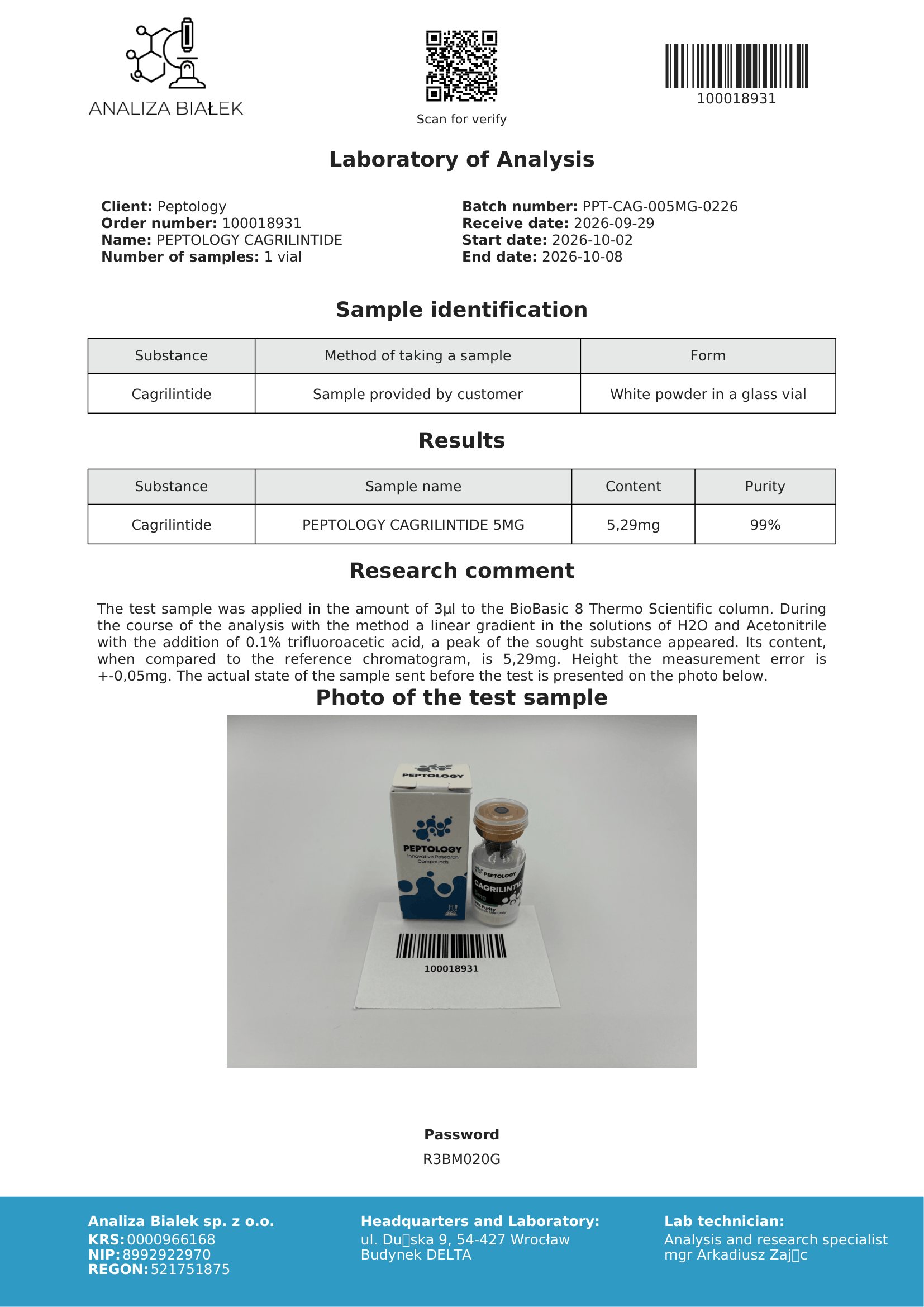 Cagrilintide 5 mg – certifikát čistoty HPLC, šarža 0226
