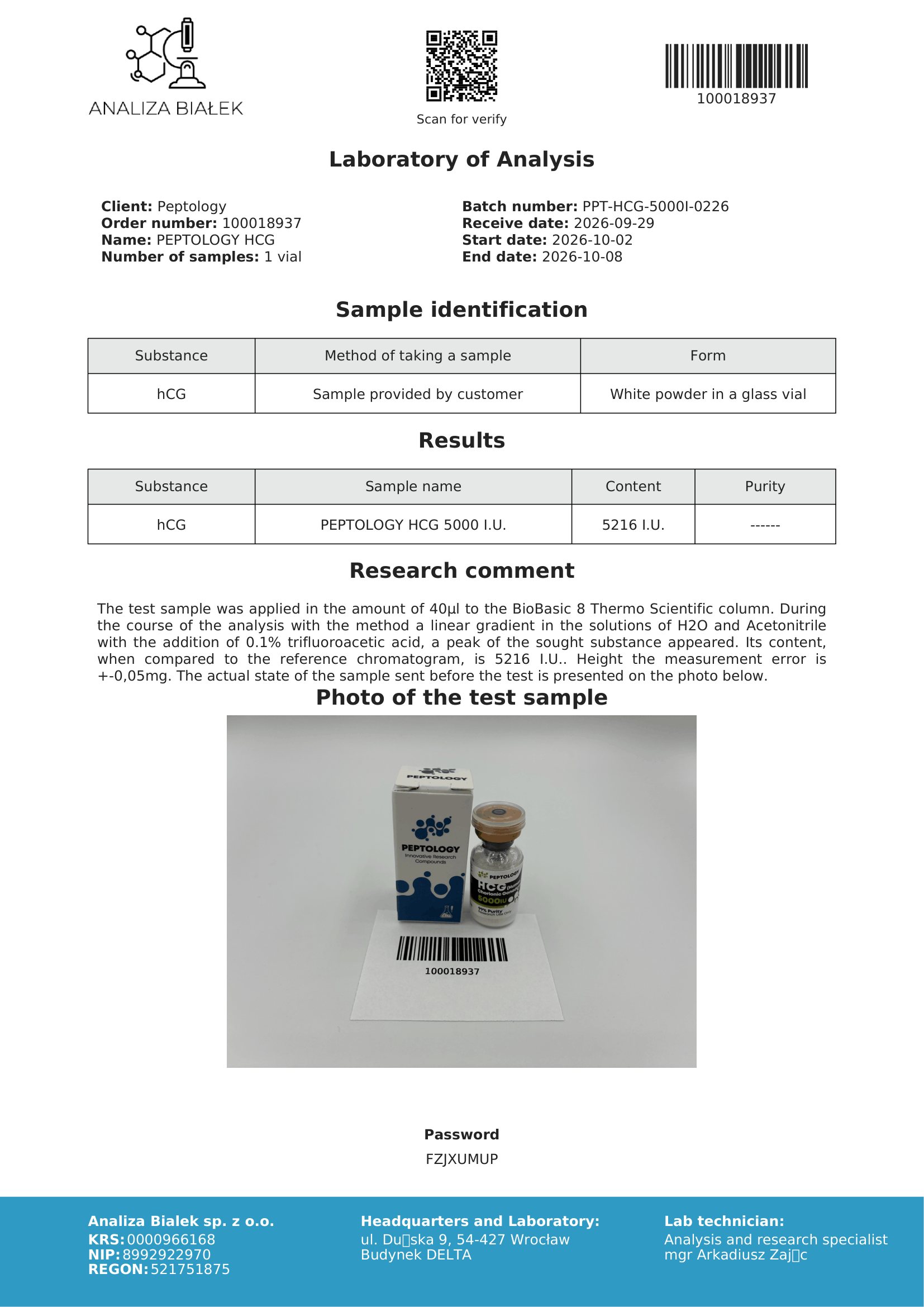HCG – certifikát čistoty HPLC, šarža 0226