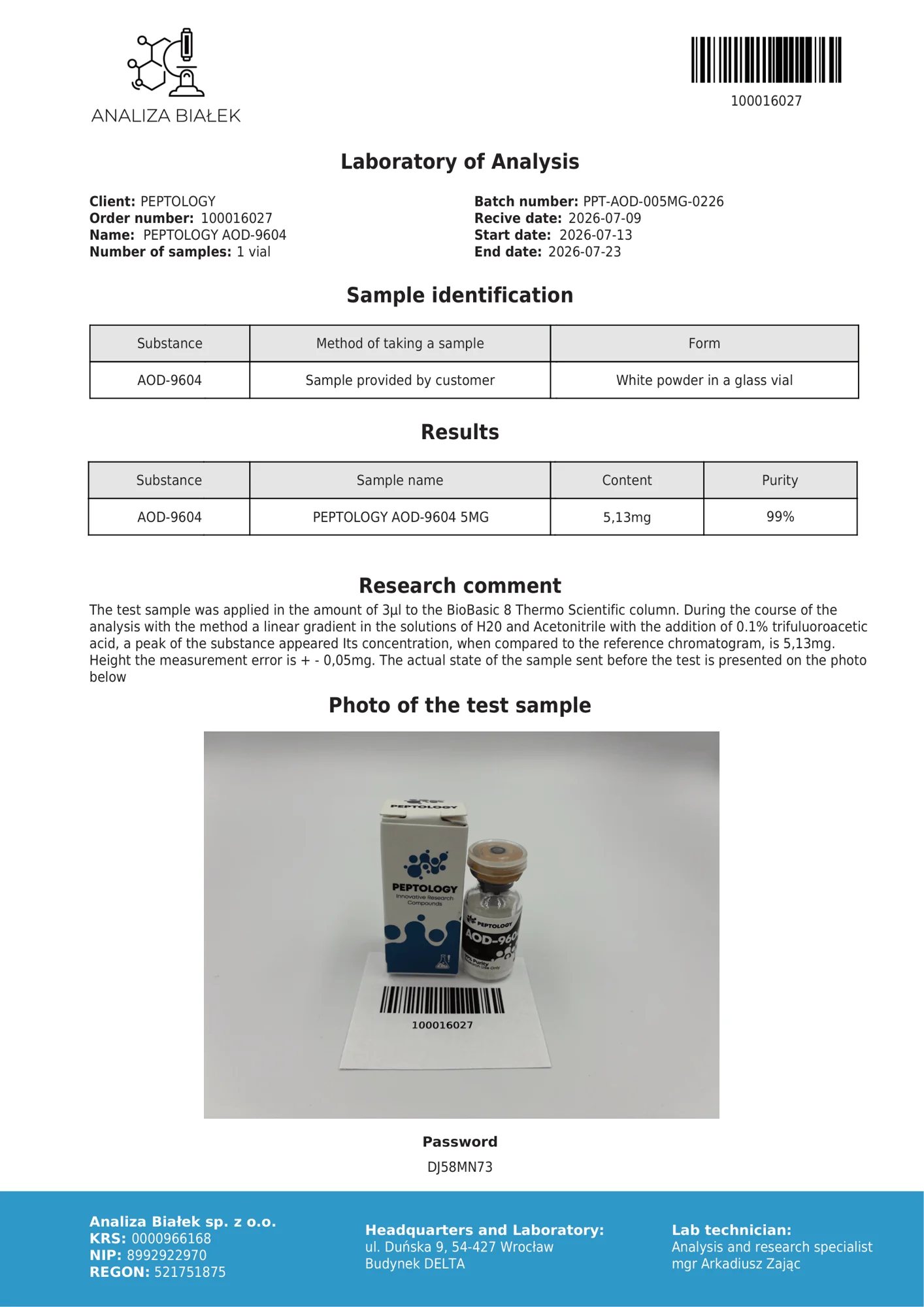 AOD-9604 5 mg – certifikát čistoty HPLC, šarža 0226