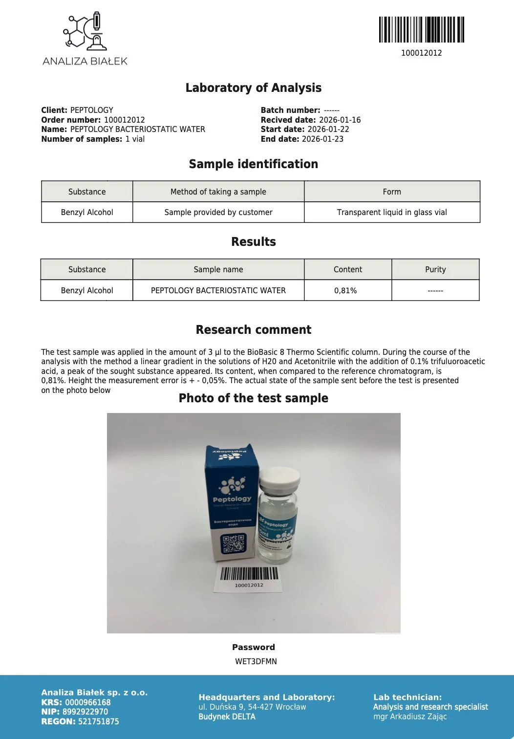 Bakteriostatická voda – certifikát čistoty HPLC