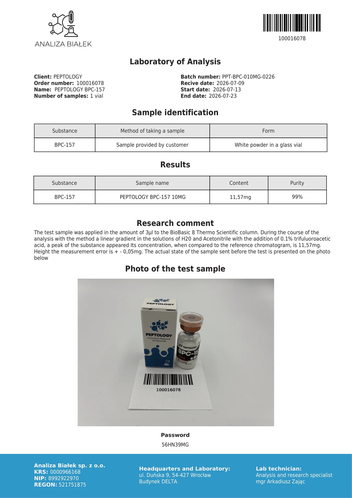 BPC‑157 10 mg – certifikát čistoty HPLC, šarža 0226