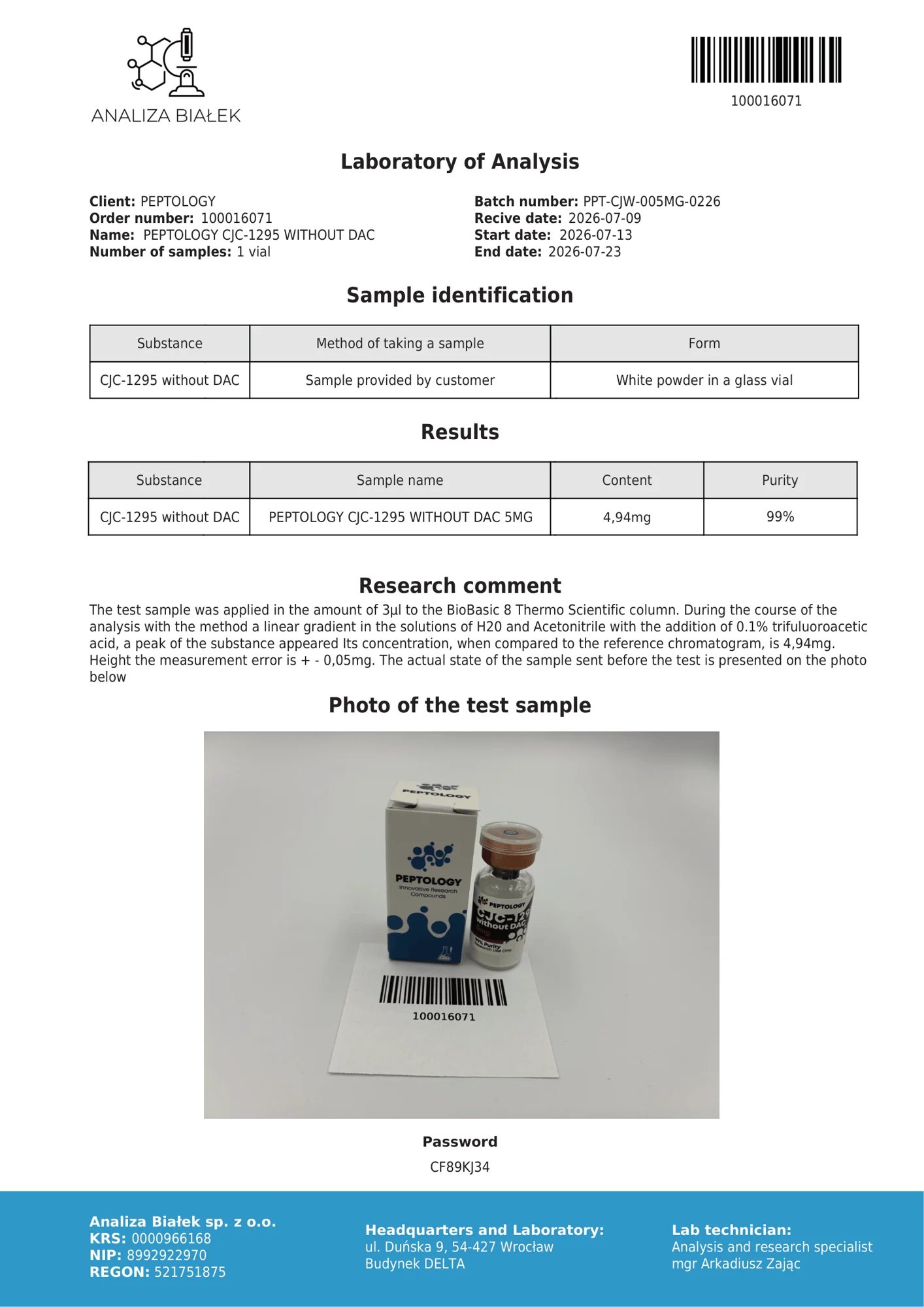 CJC‑1295 bez DAC 5 mg – certifikát čistoty HPLC, šarža 0226