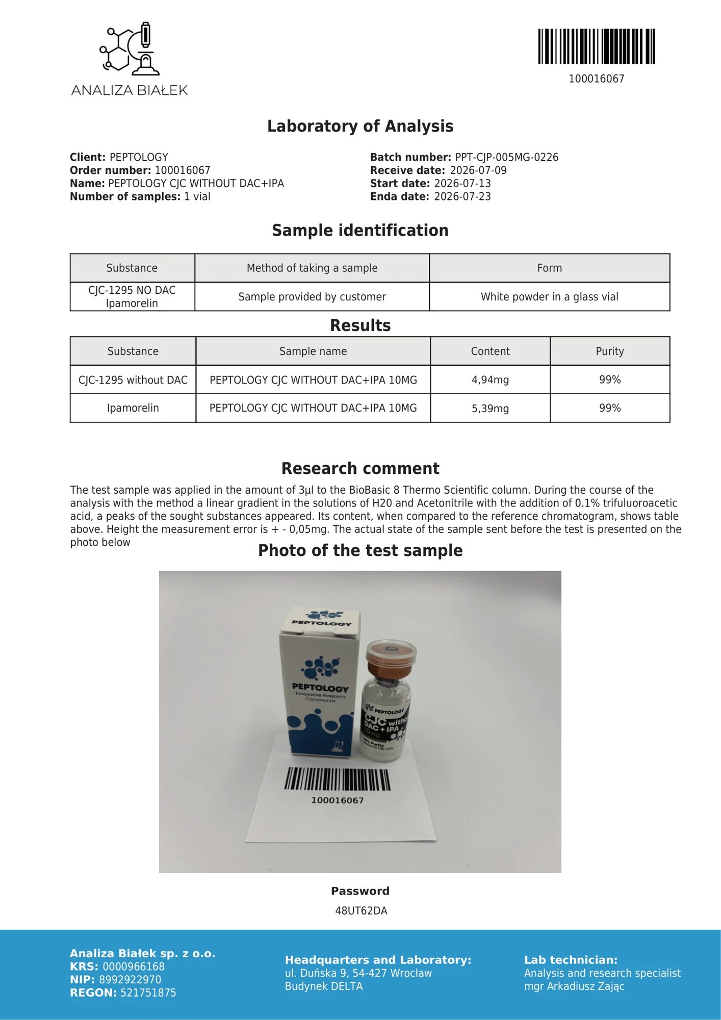 CJC-1295 + Ipamorelin 10 mg – certifikát čistoty HPLC, šarža 0226