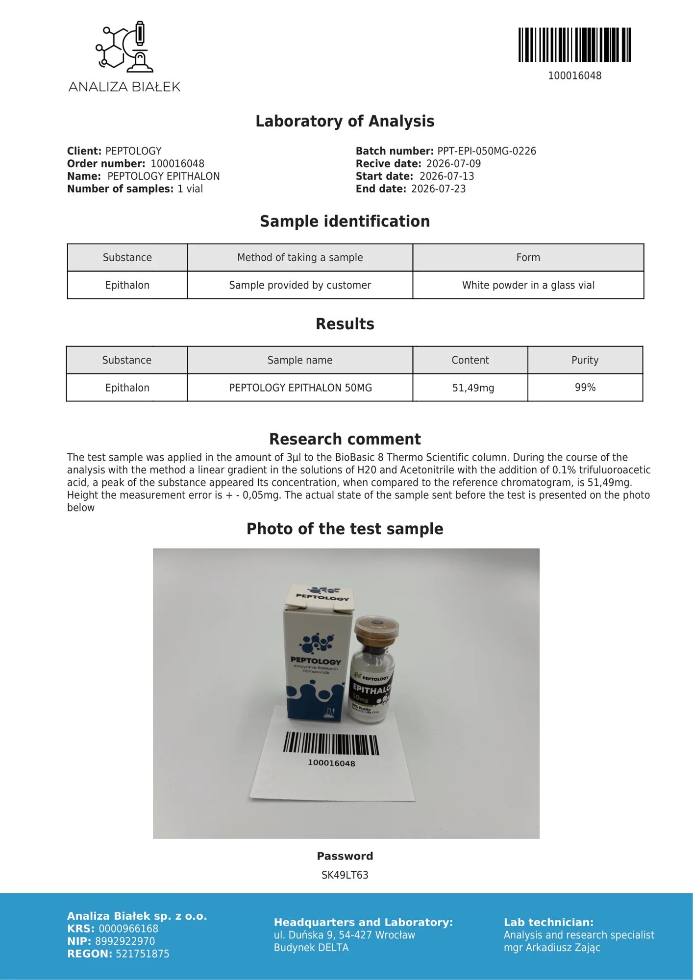 Epithalon 50 mg – certifikát čistoty HPLC, šarža 0226