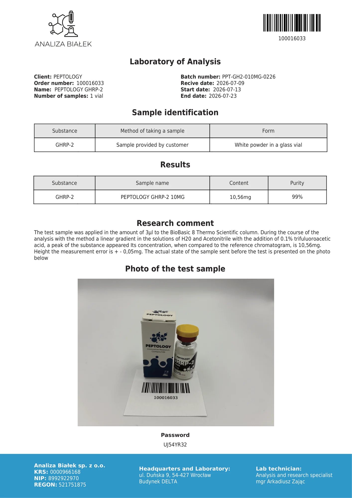 GHRP-2 10 mg – certifikát čistoty HPLC, šarža 0226