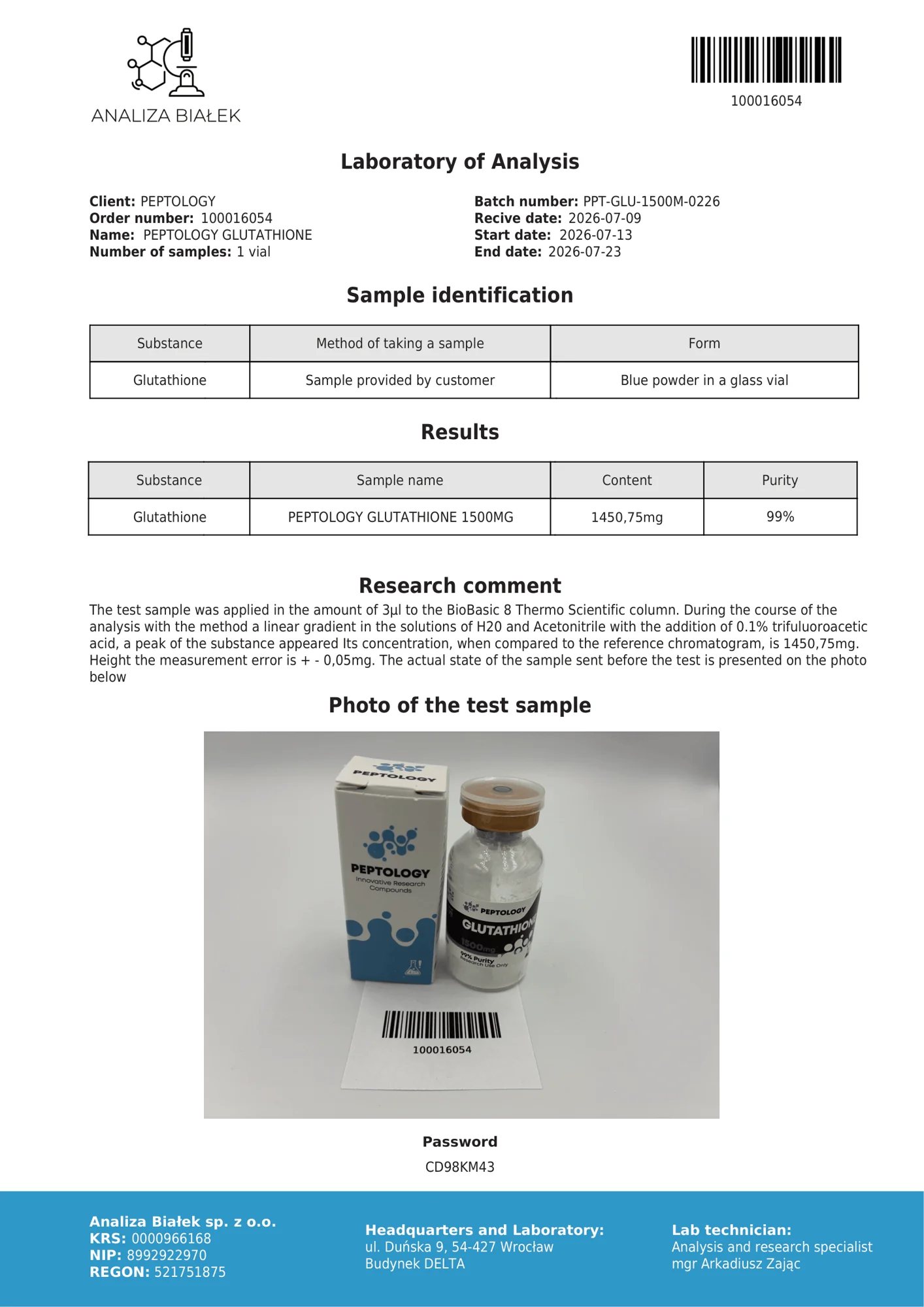 Glutathione 1500 mg – certifikát čistoty HPLC, šarža 0226