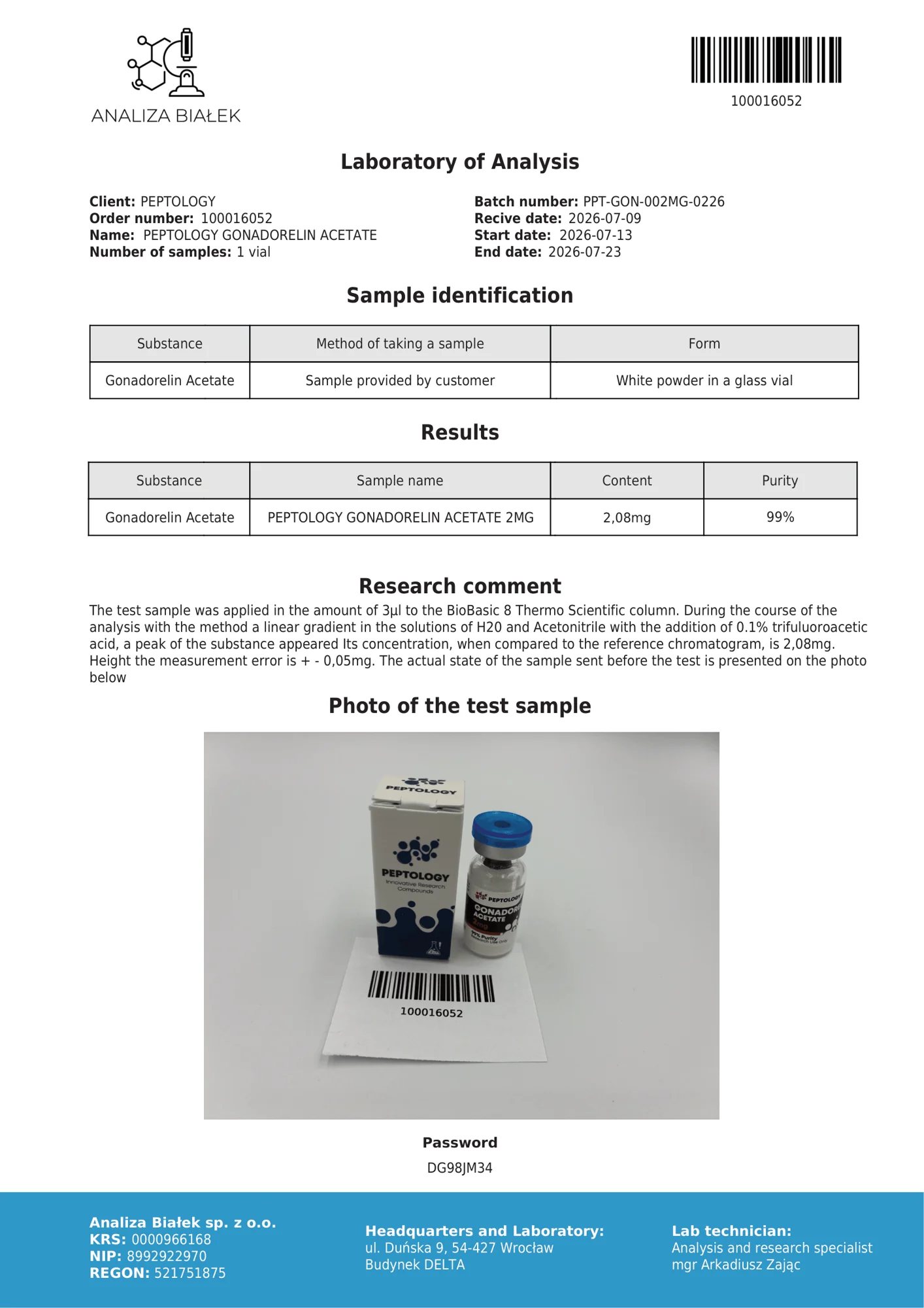 Gonadorelin 2 mg – certifikát čistoty HPLC, šarža 0226