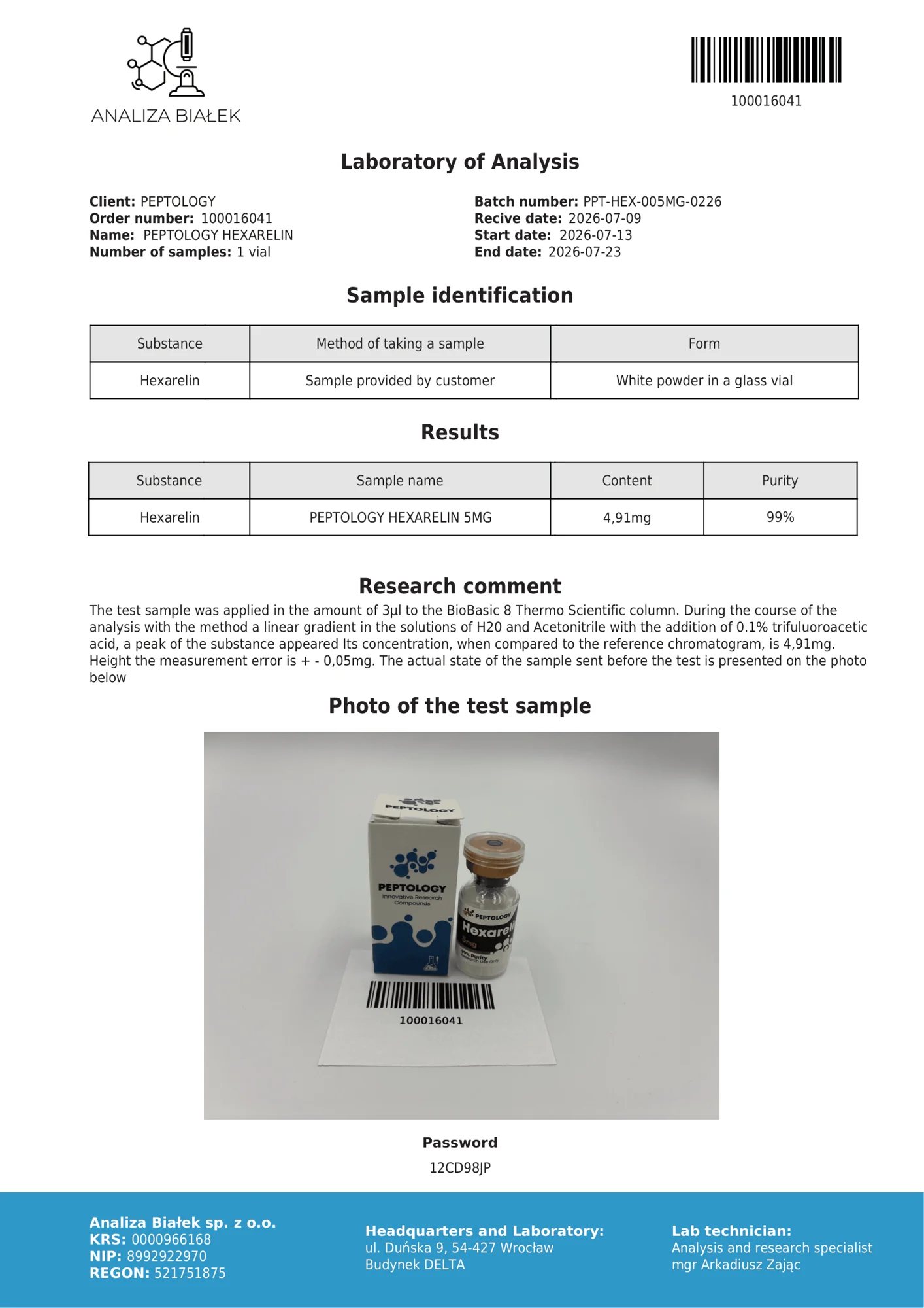 Hexarelin 5 mg – certifikát čistoty HPLC, šarža 0226