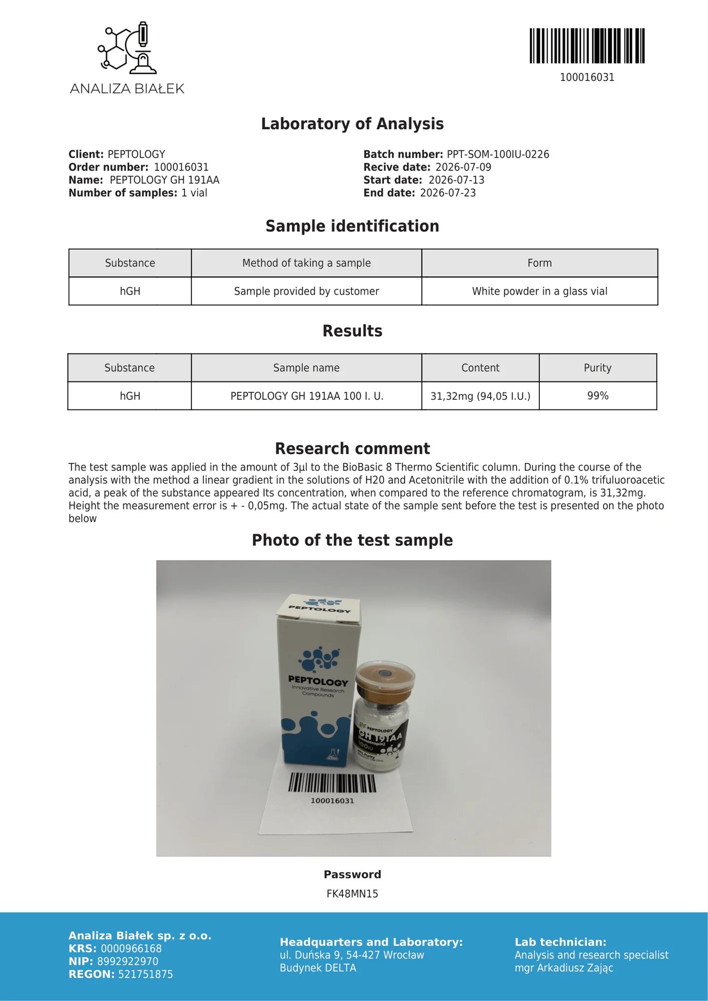 Somatropin 100 IU – certifikát čistoty HPLC, šarža 0226