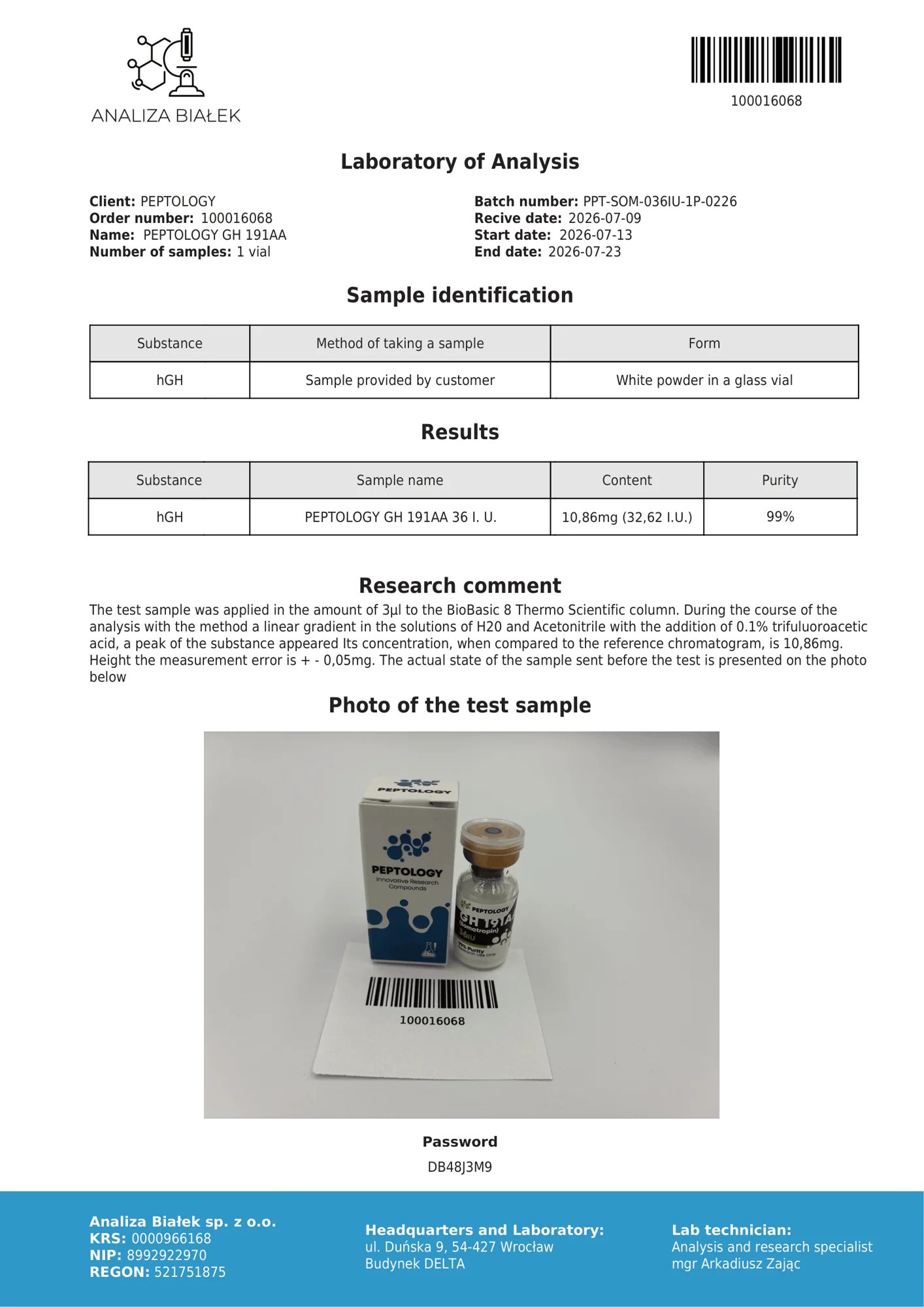 Somatropin 36 IU – certifikát čistoty HPLC, šarža 0226