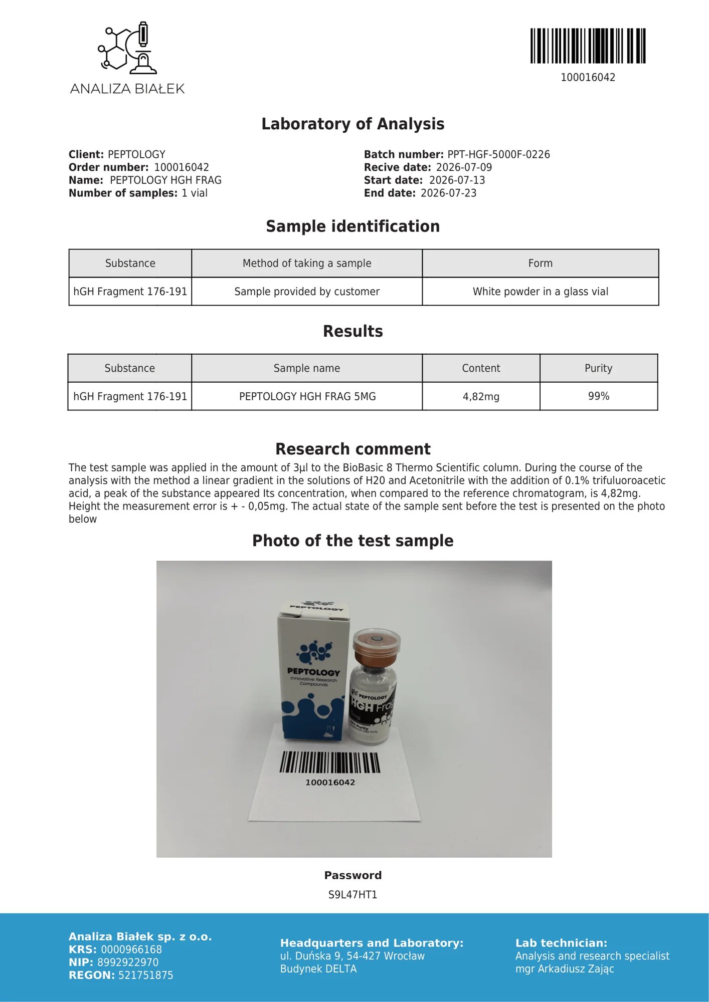 HGH Frag 5 mg – certifikát čistoty HPLC, šarža 0226