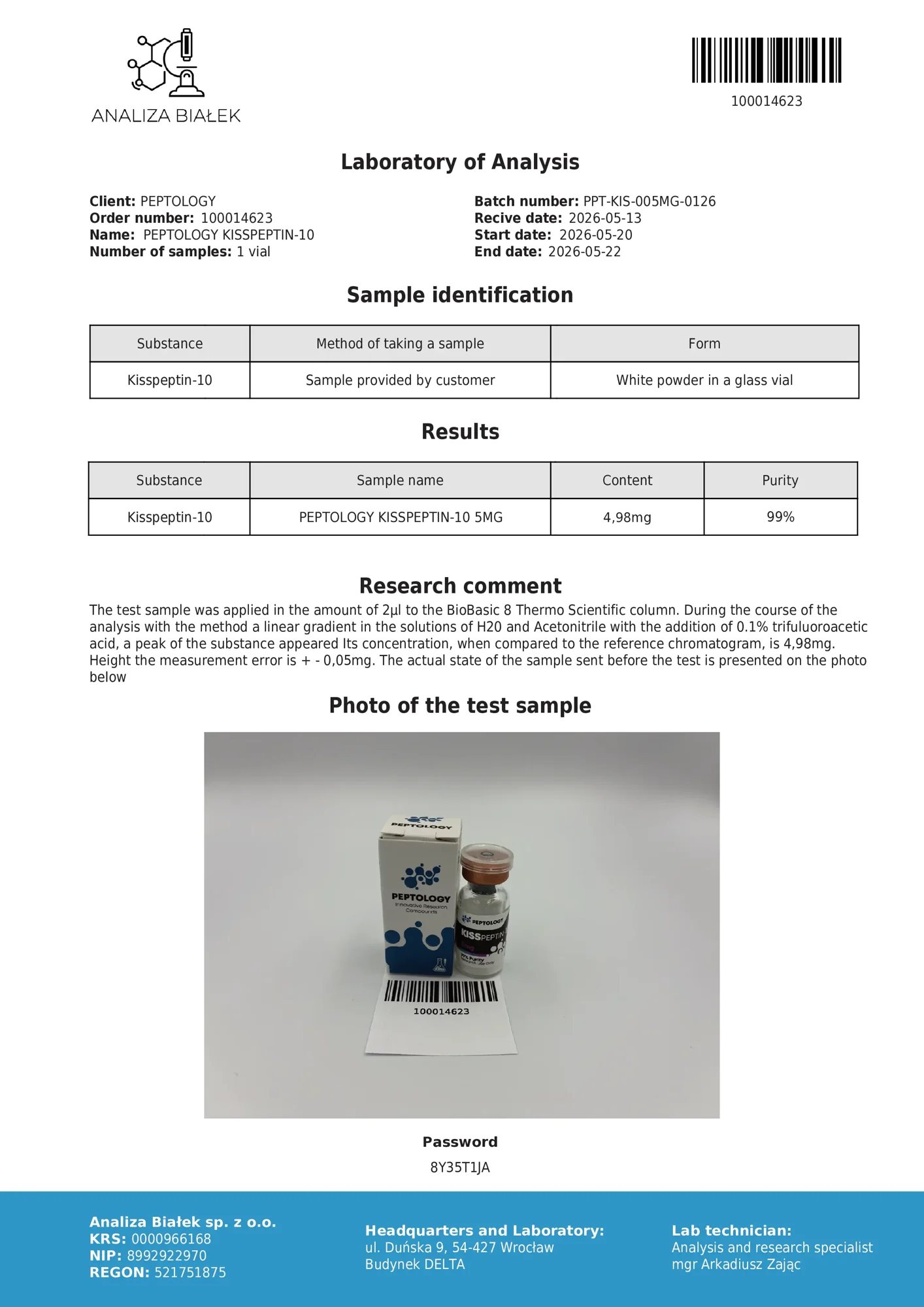 Kisspeptin-10 5 mg – certifikát čistoty HPLC, šarža 0126