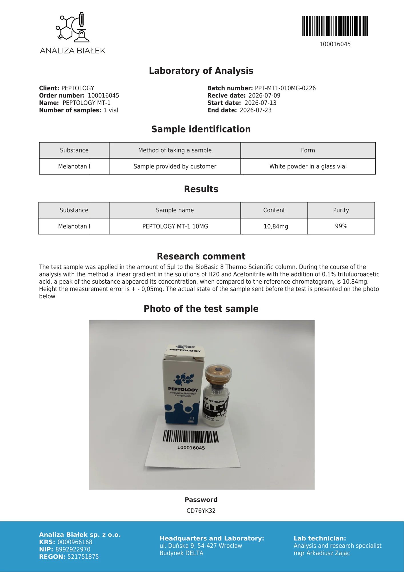 MT-1 10 mg – certifikát čistoty HPLC, šarža 0226