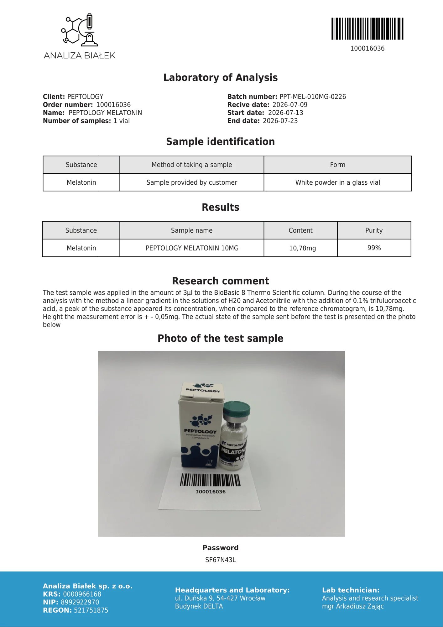 Melatonin 10 mg – certifikát čistoty HPLC, šarža 0226