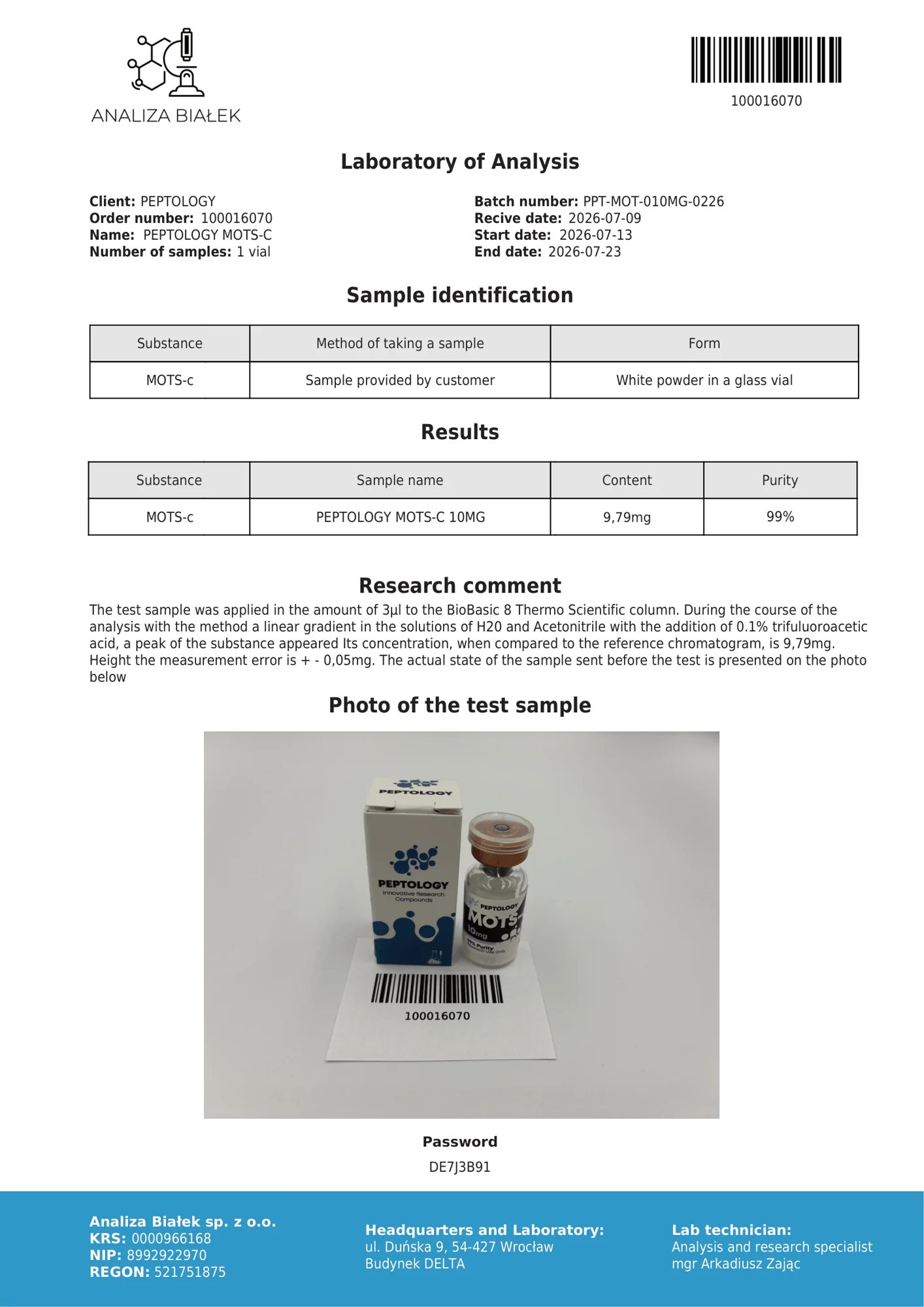 MOTS-c 10 mg – certifikát čistoty HPLC, šarža 0226