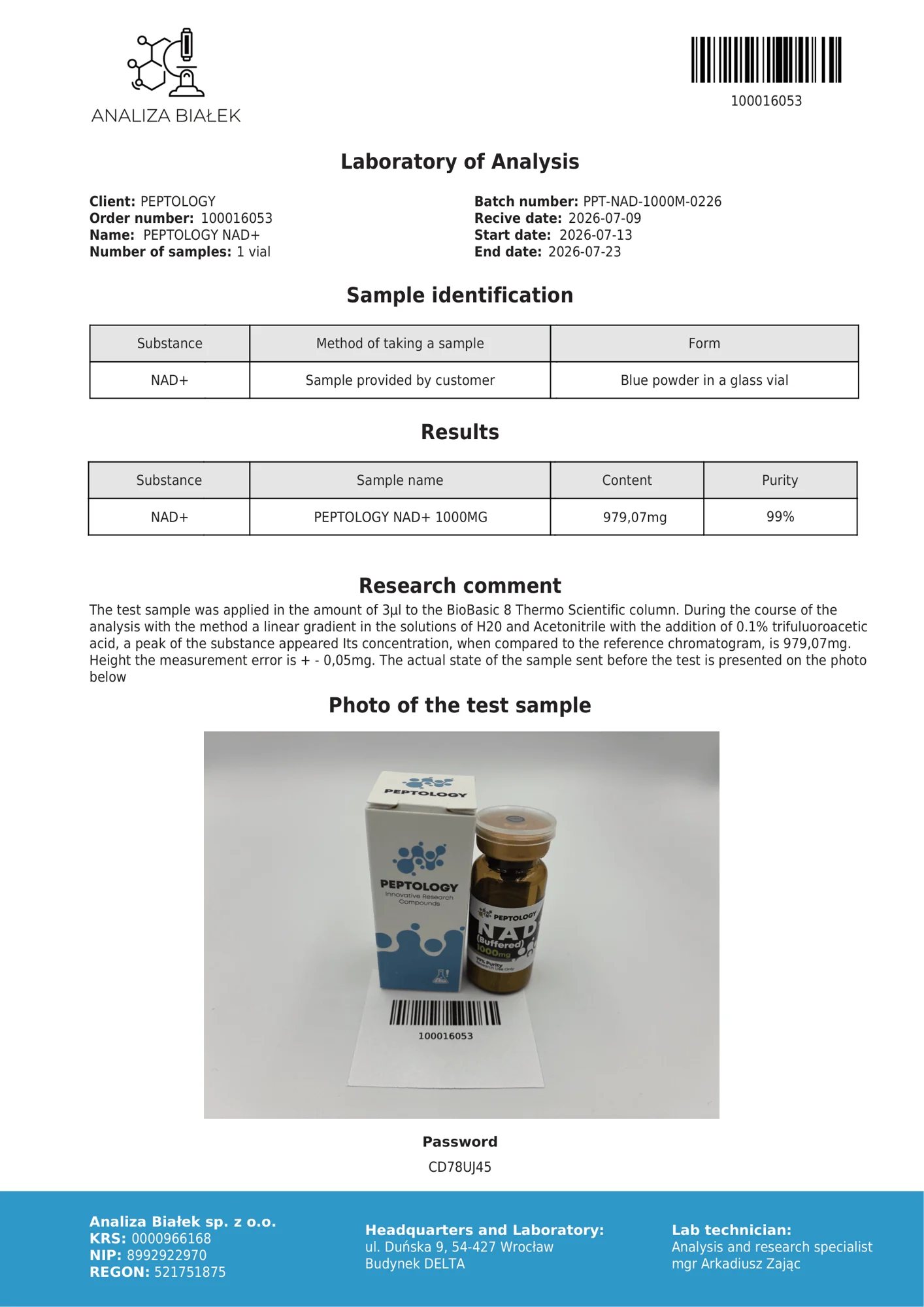 NAD+ 1000 mg – certifikát čistoty HPLC, šarža 0226