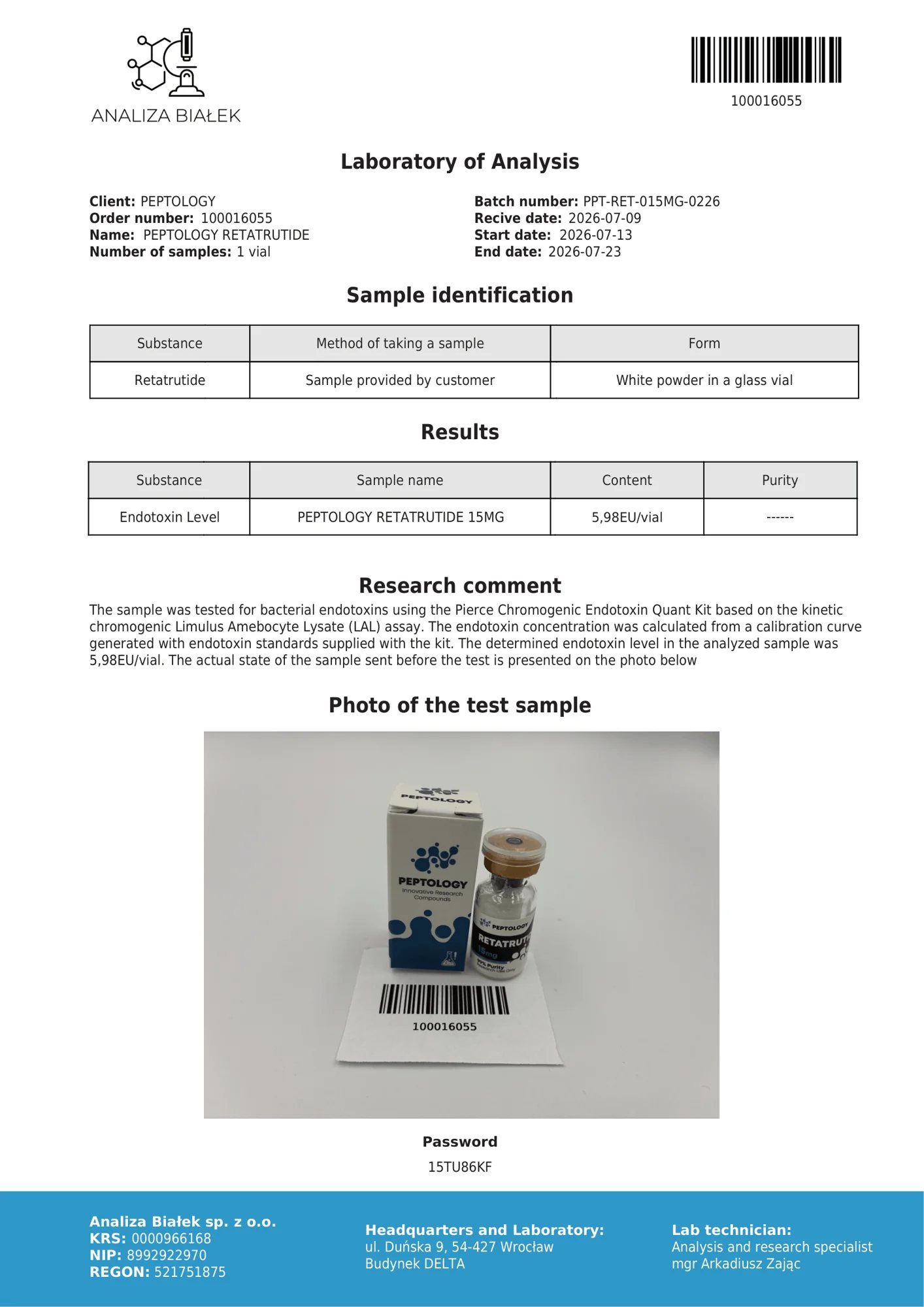 Retatrutide 15 mg – test endotoxínov, šarža 0226